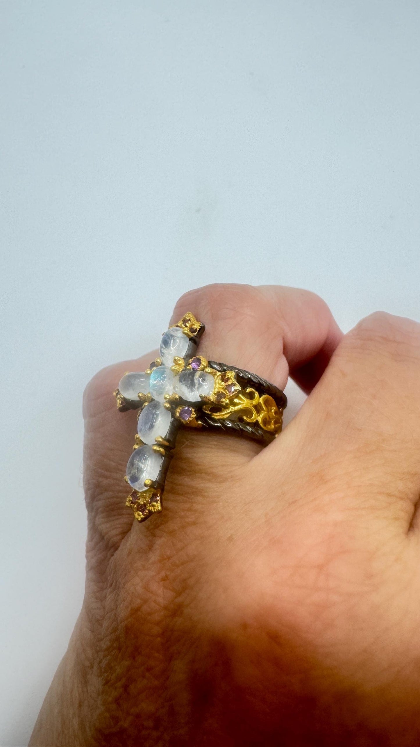 Vintage Rainbow Moonstone Cross Ring 925 Sterling Silver
