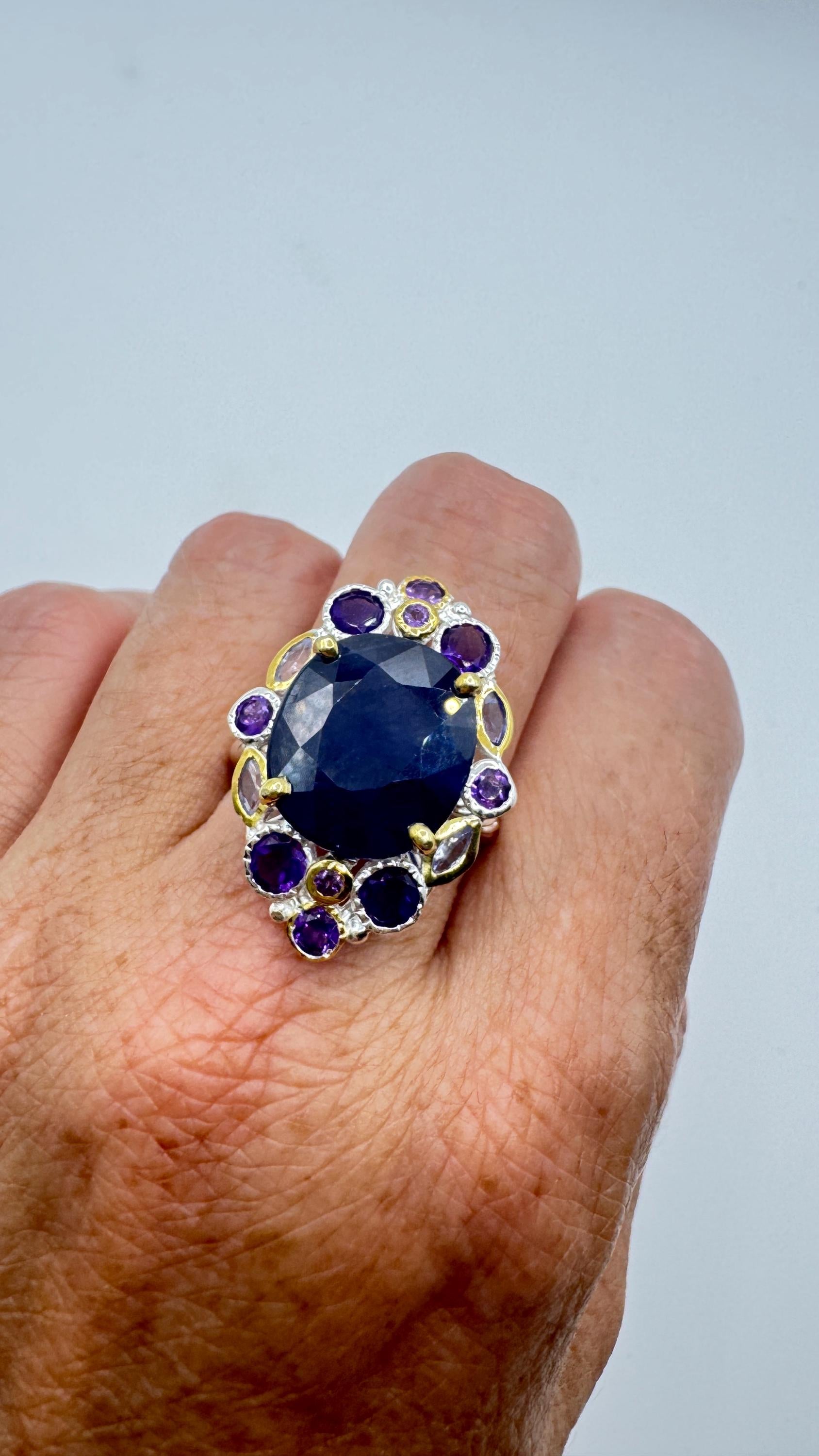 Vintage Blue Sapphire Purple Amethyst 925 Sterling Silver Ring