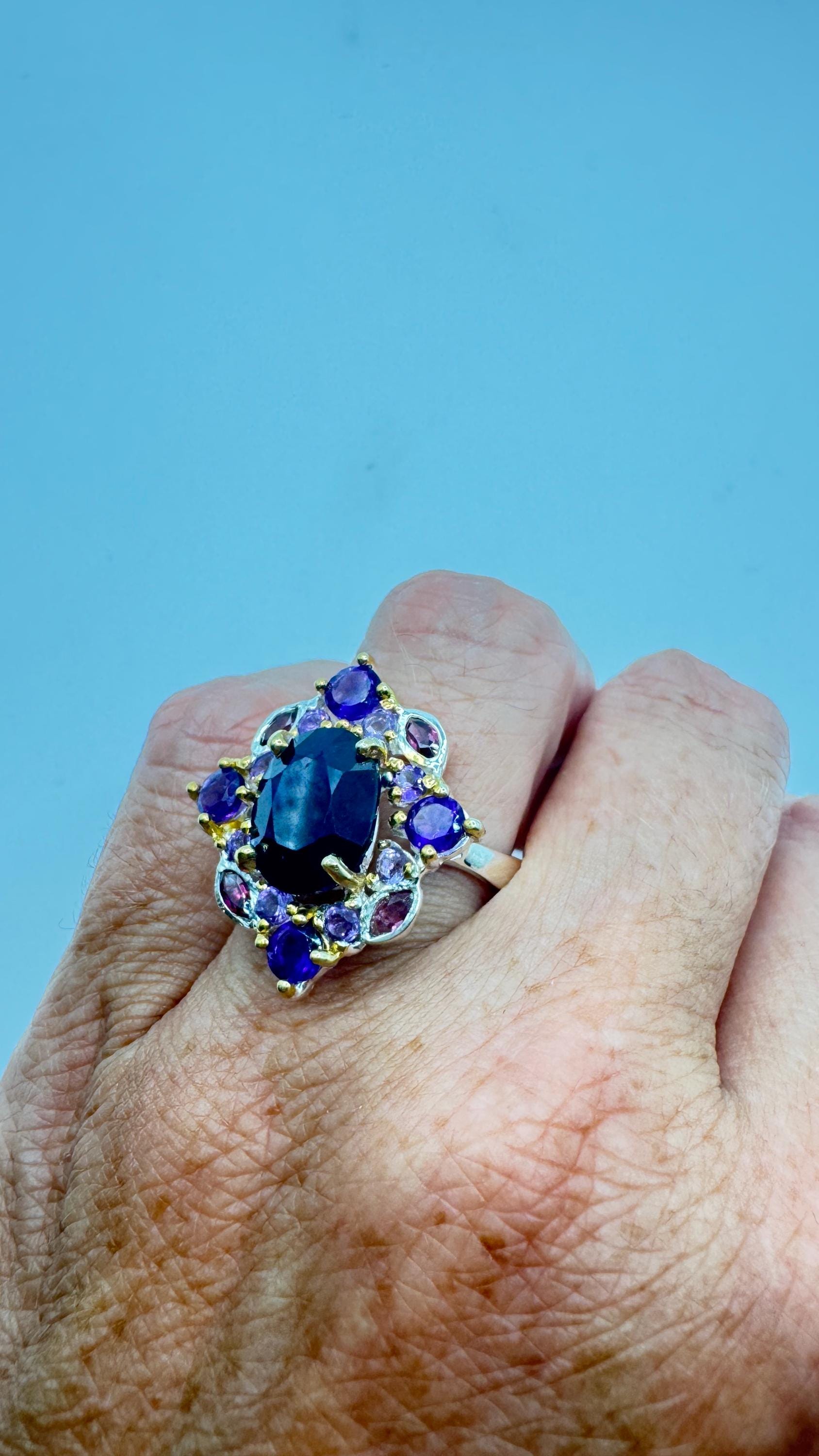 Vintage Blue Sapphire Purple Amethyst 925 Sterling Silver Ring