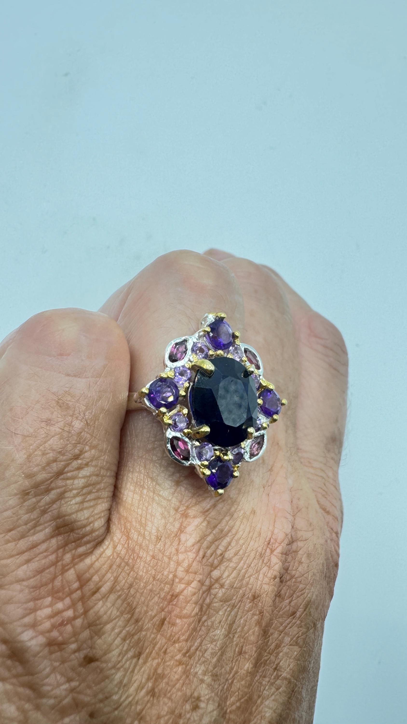 Vintage Blue Sapphire Purple Amethyst 925 Sterling Silver Ring