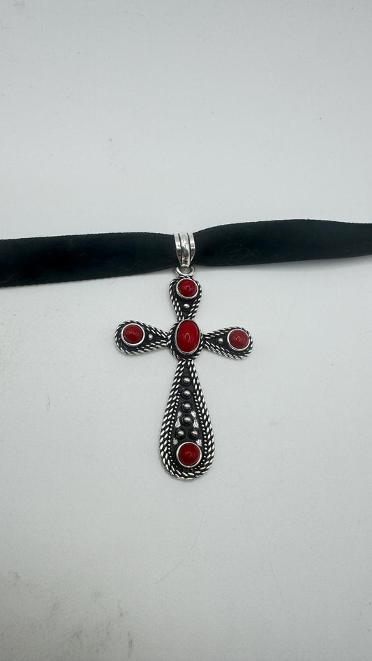 Vintage Red Coral Cross Choker Black Velvet Necklace.