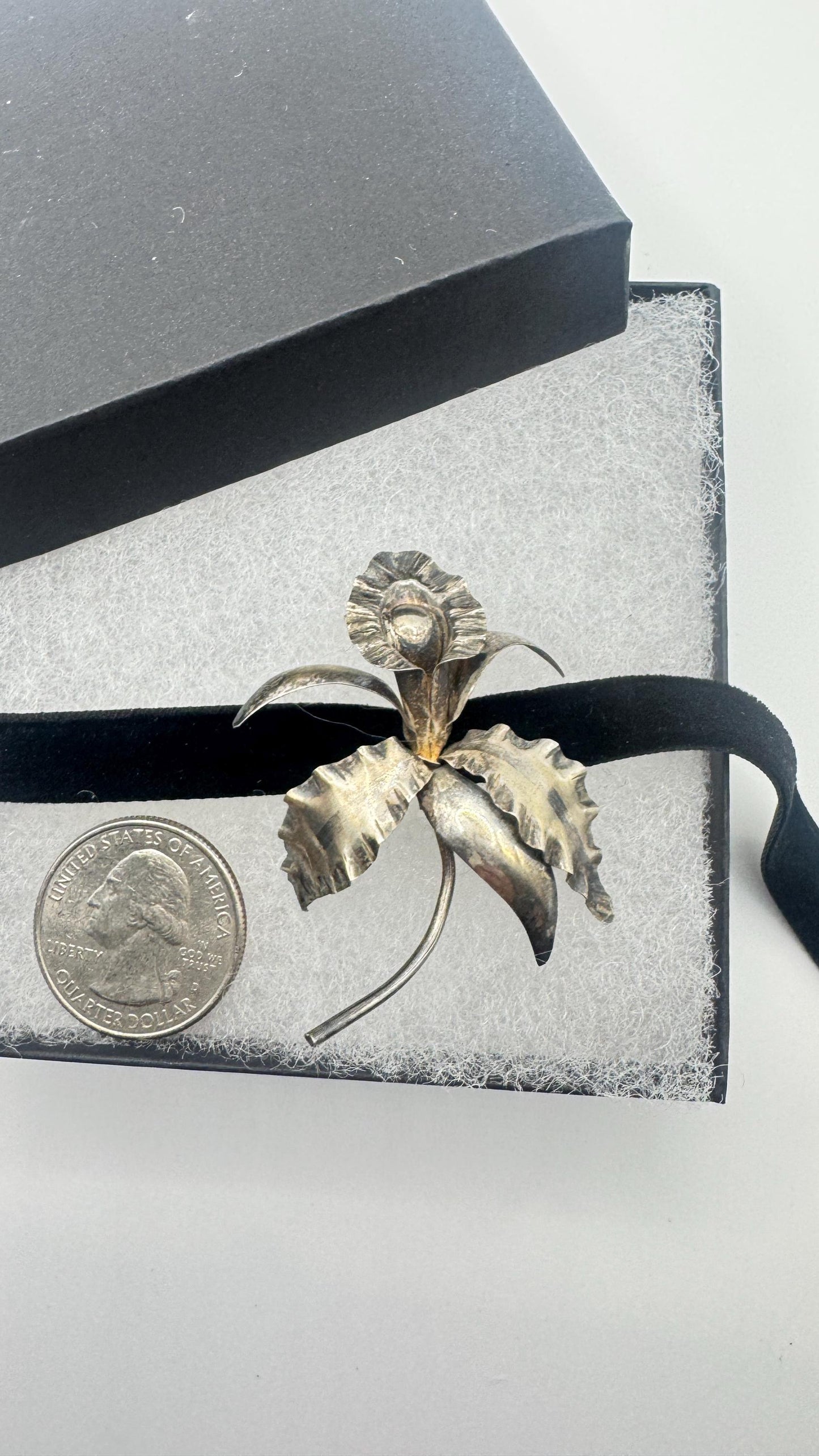 Vintage Hand Made Deco Orchid Flower 925 Sterling Silver Brooch Pin on Black velvet choker ribbon