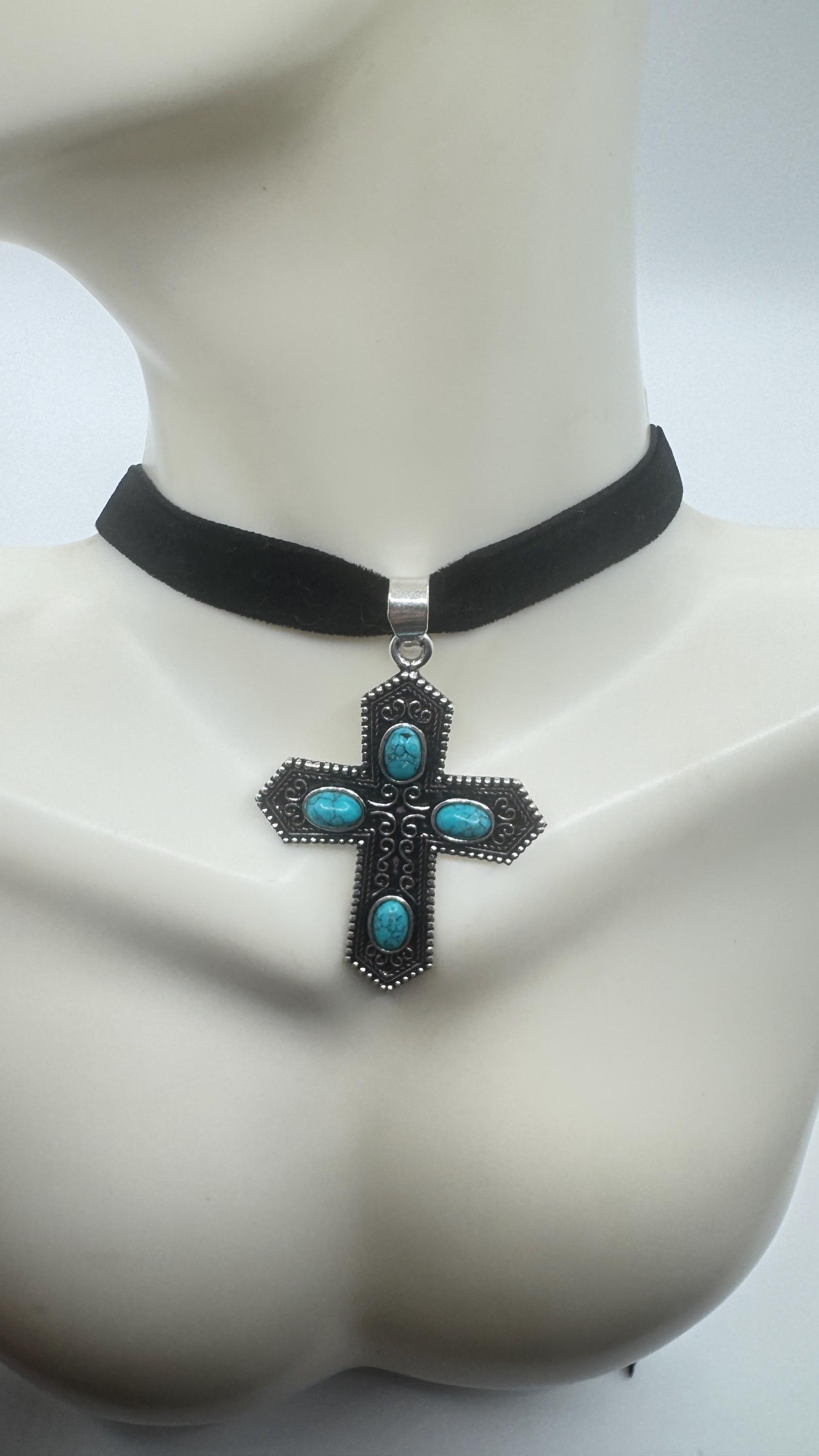 Vintage Turquoise Silver Bronze Cross Necklace