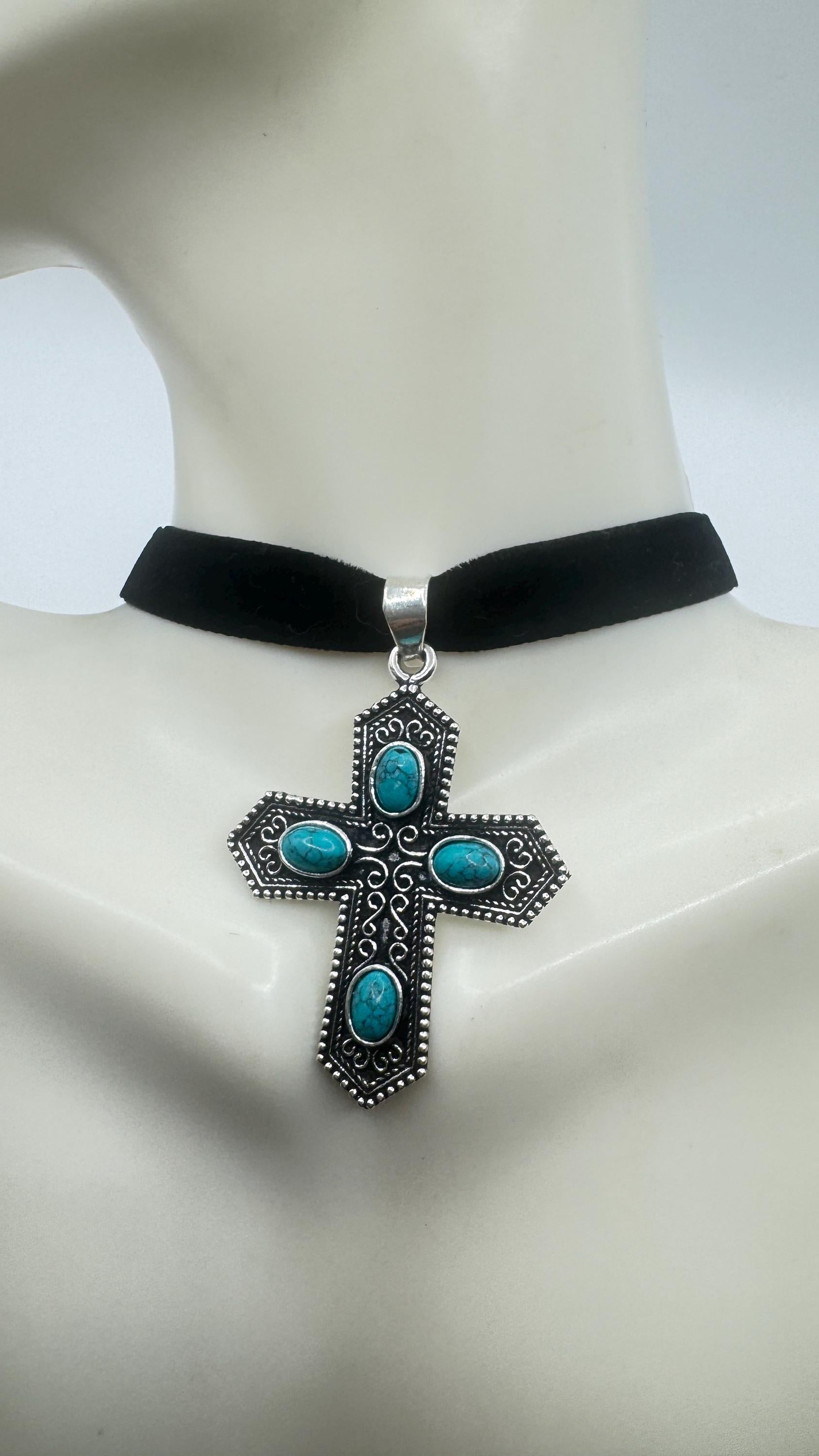 Vintage Turquoise Silver Bronze Cross Necklace
