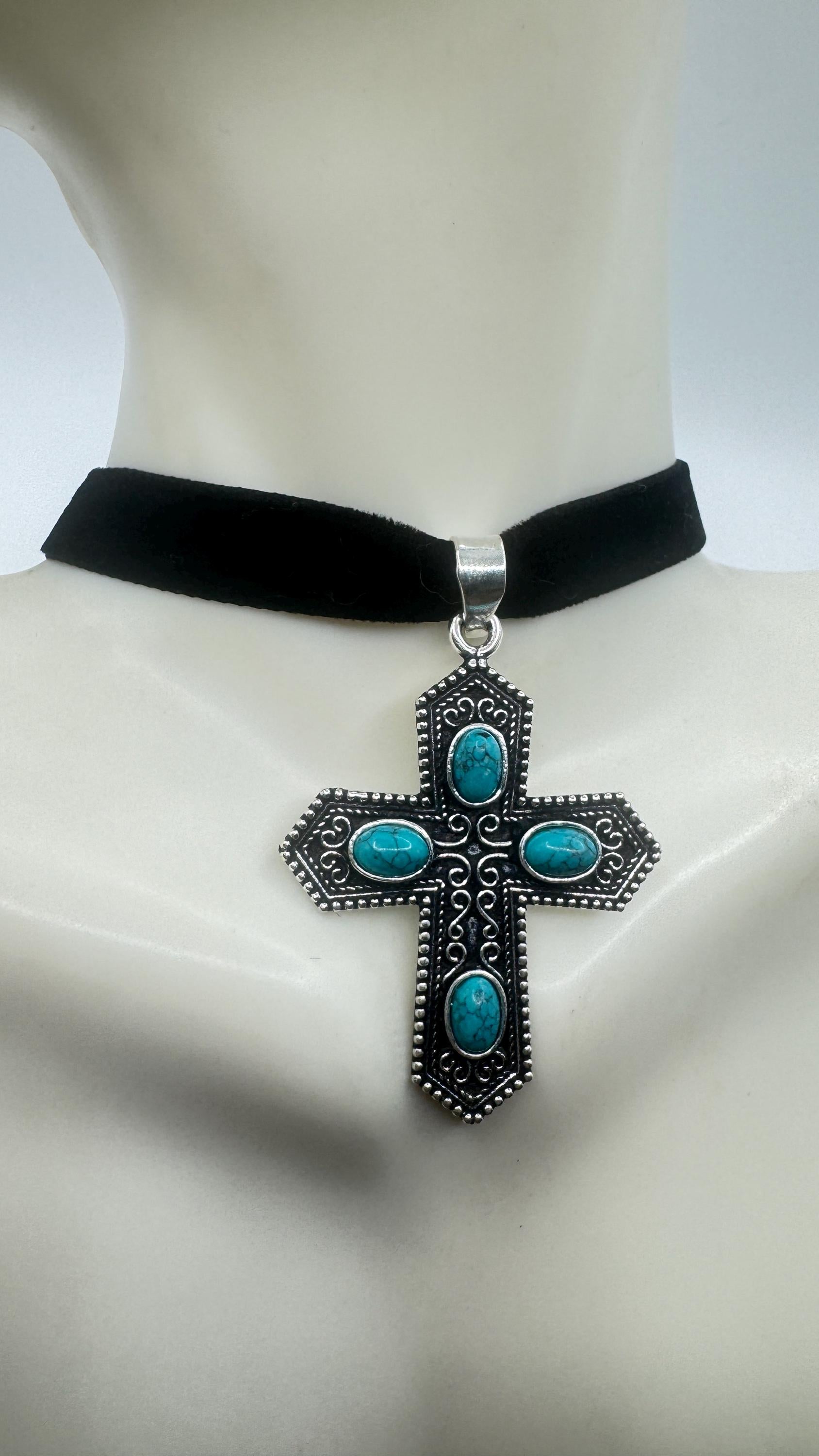 Vintage Turquoise Silver Bronze Cross Necklace