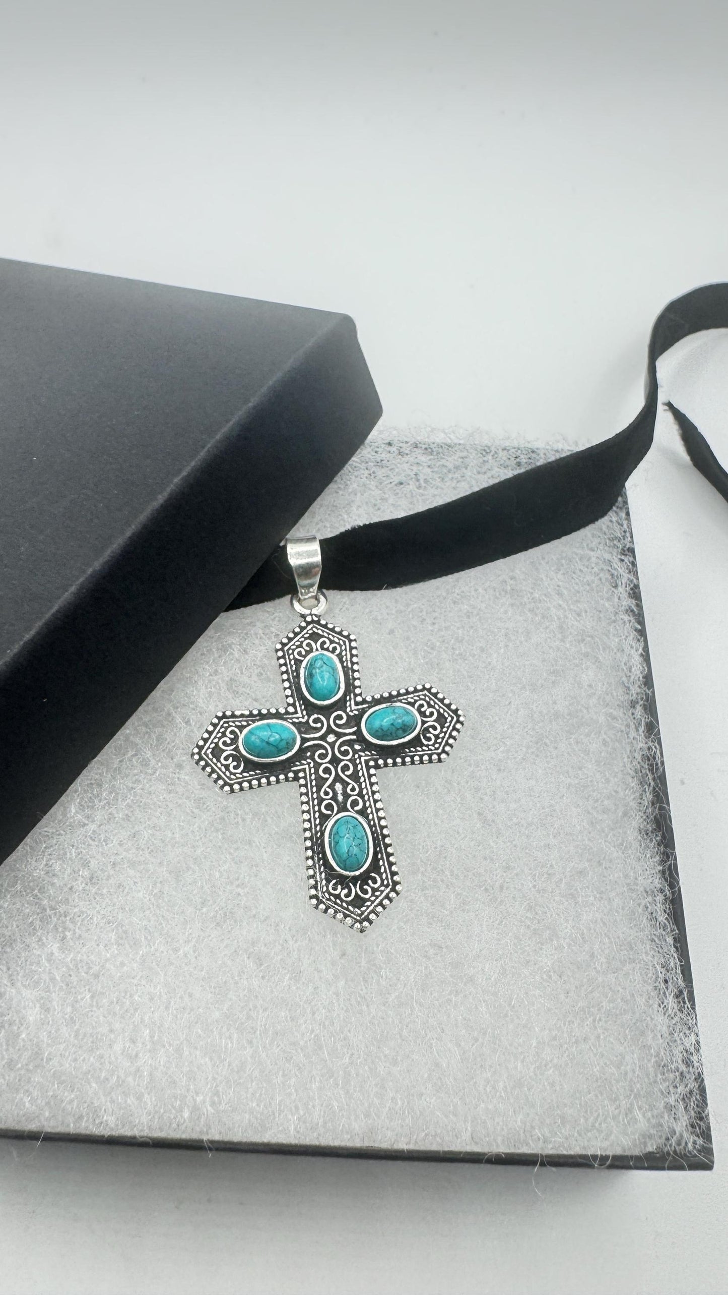 Vintage Turquoise Silver Bronze Cross Necklace