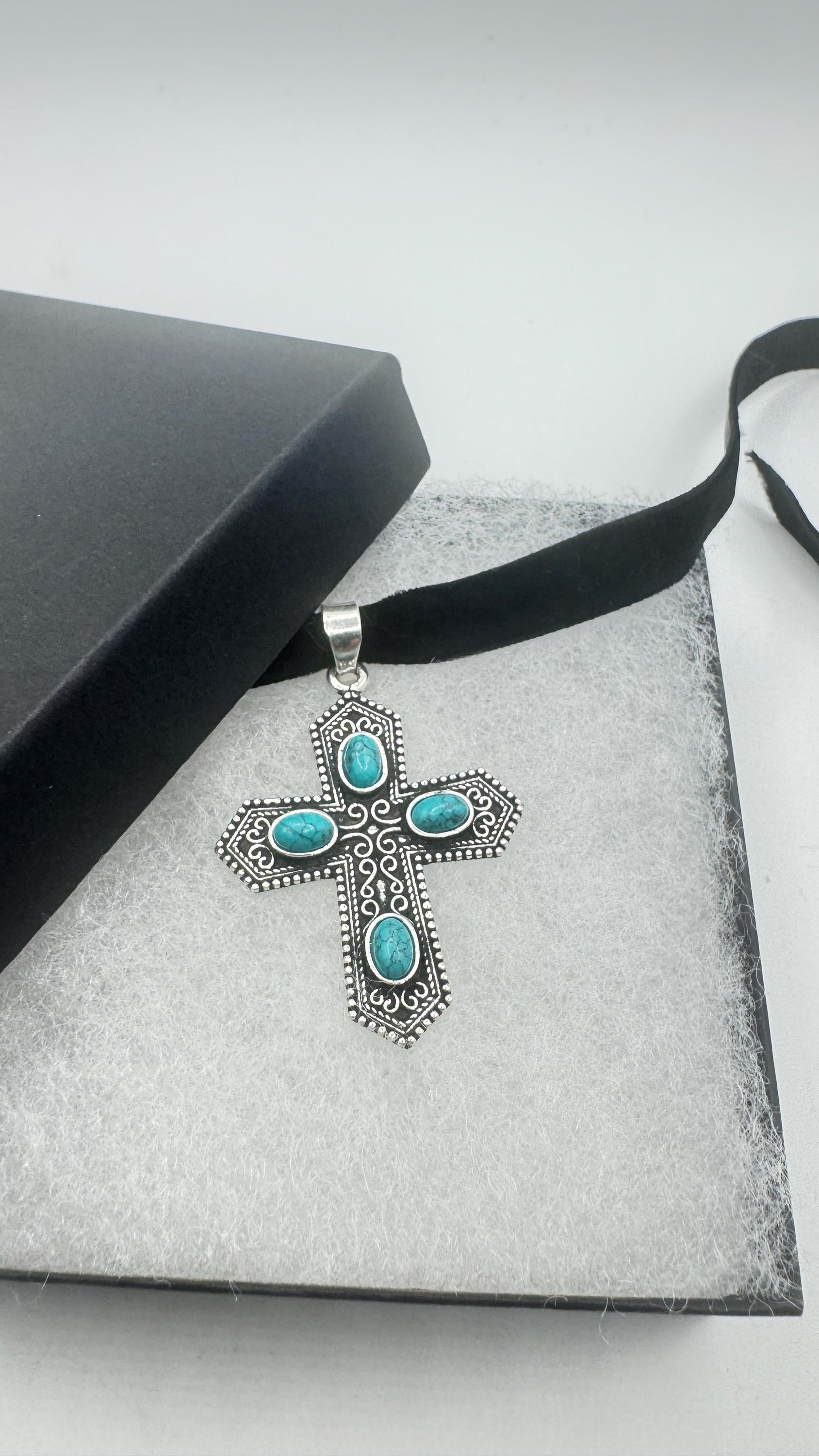 Vintage Turquoise Silver Bronze Cross Necklace