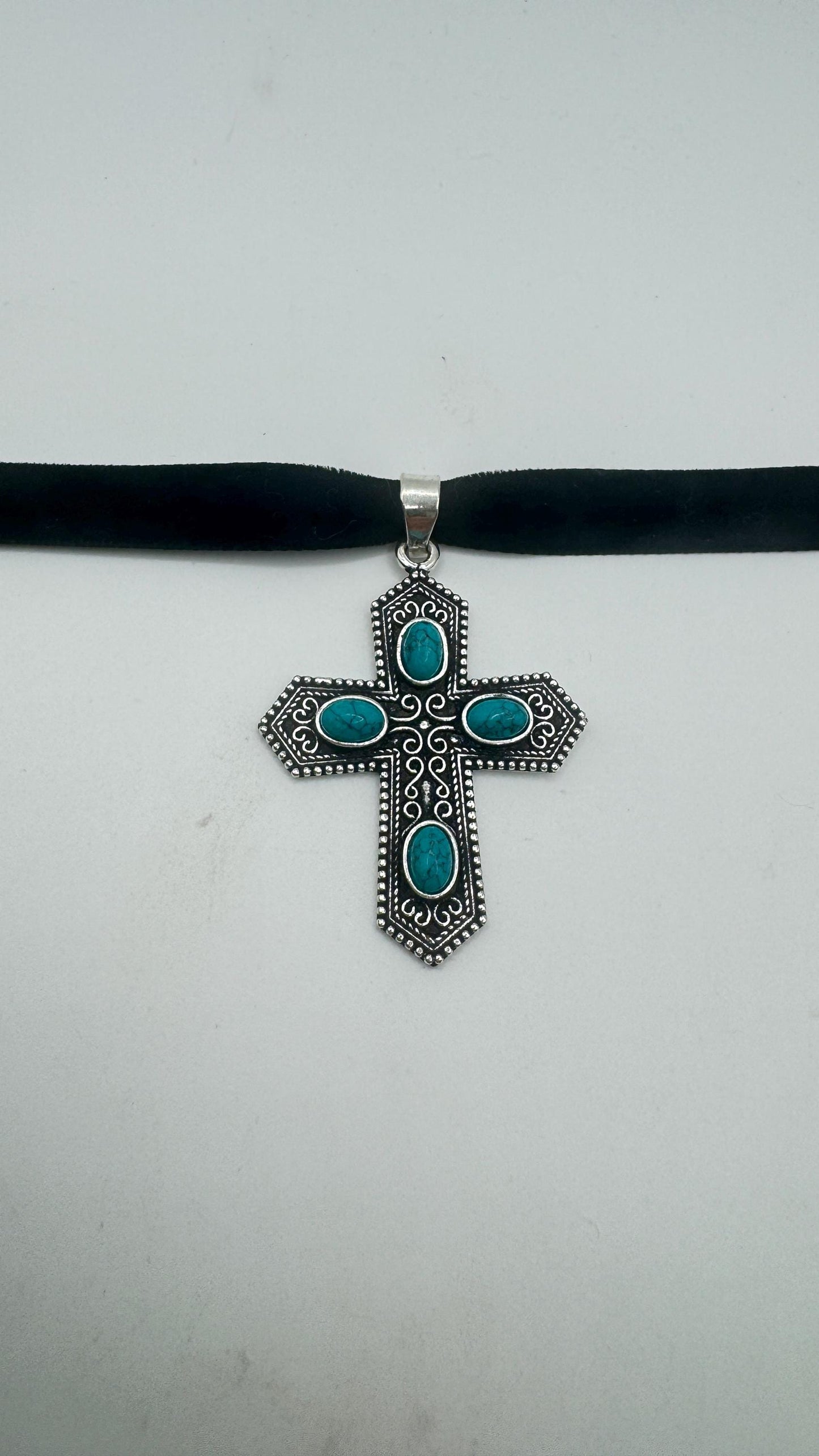 Vintage Turquoise Silver Bronze Cross Necklace