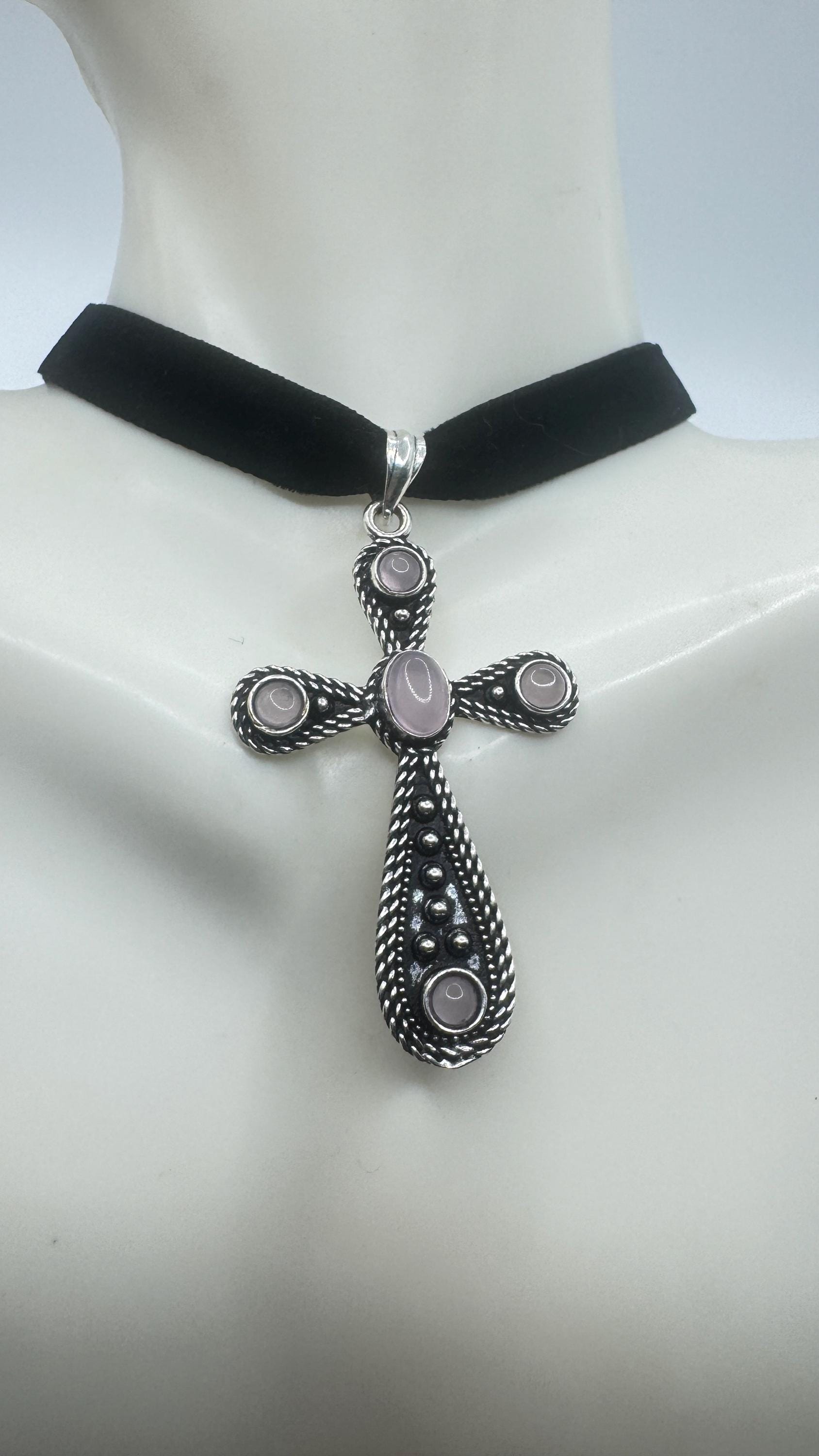 Vintage Rose Quartz Bronze Silver Cross Pendant