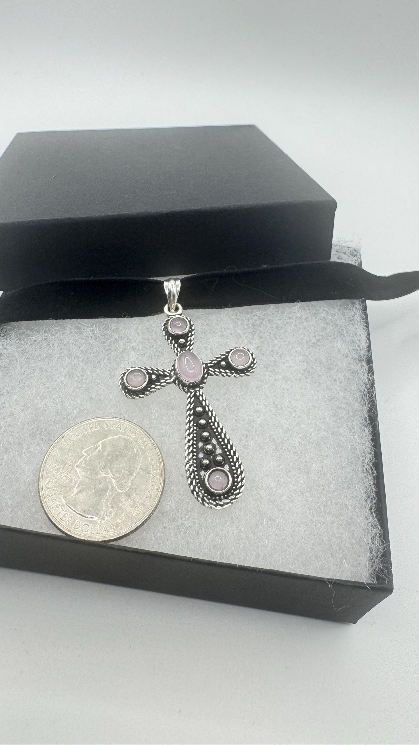Vintage Rose Quartz Bronze Silver Cross Pendant