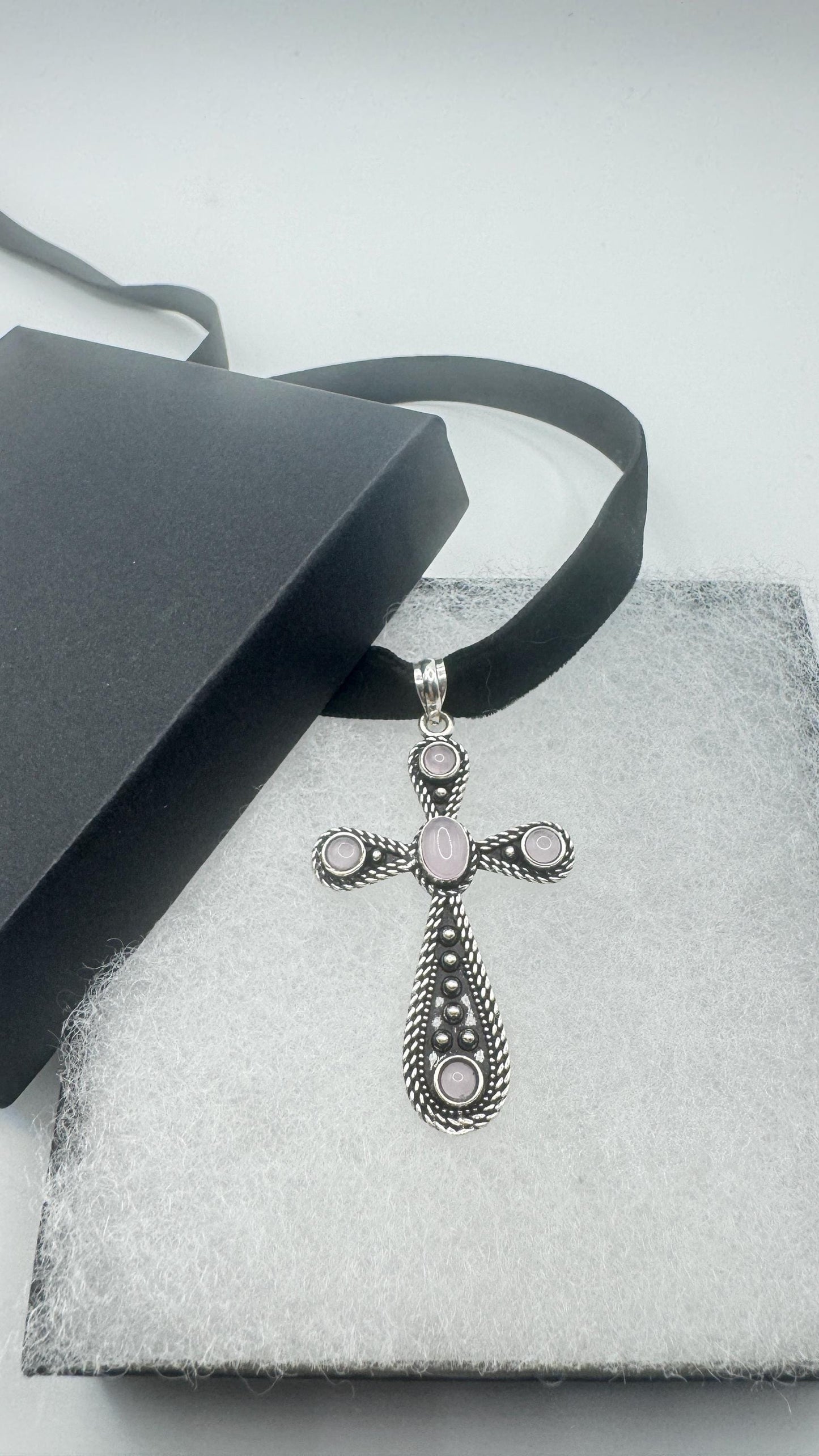 Vintage Rose Quartz Bronze Silver Cross Pendant