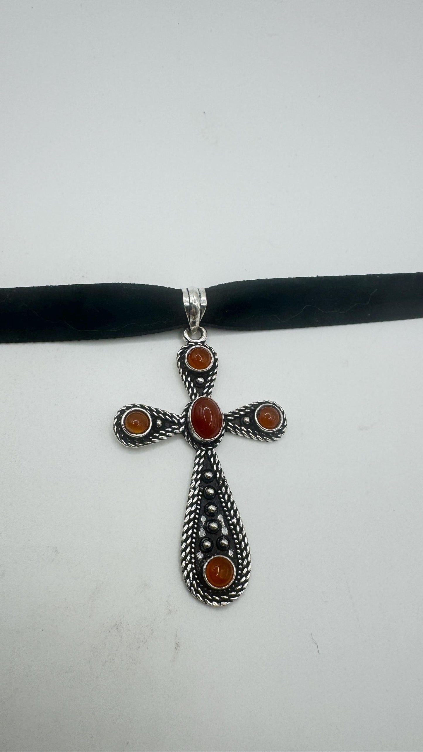 Vintage Genuine Orange Carnilian Silver bronze Cross pendant black velvet choker