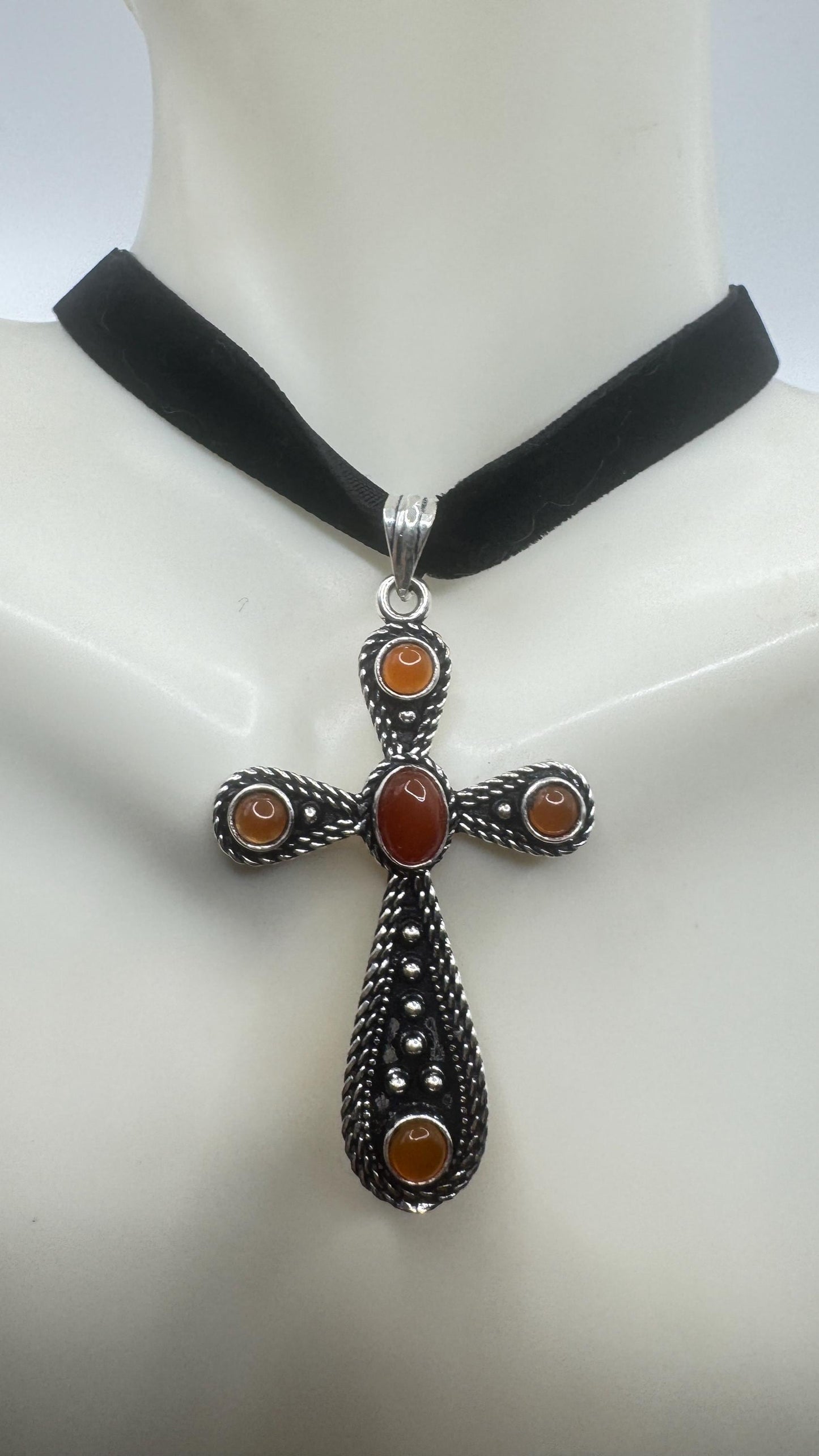 Vintage Genuine Orange Carnilian Silver bronze Cross pendant black velvet choker