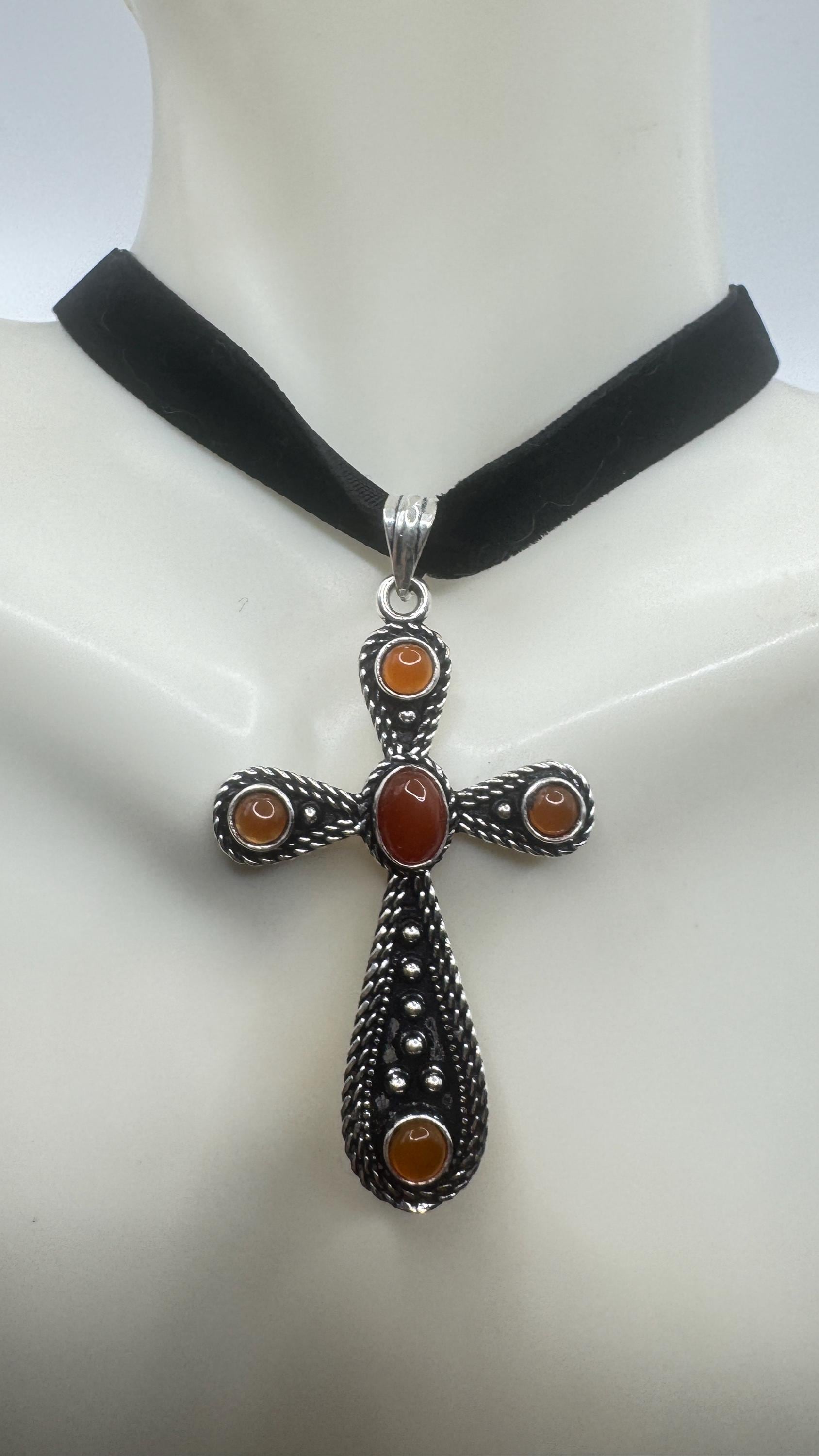 Vintage Genuine Orange Carnilian Silver bronze Cross pendant black velvet choker
