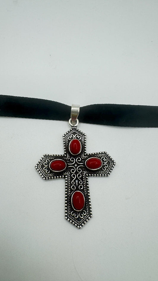 Vintage Red Coral Cross Choker Black Velvet Necklace.
