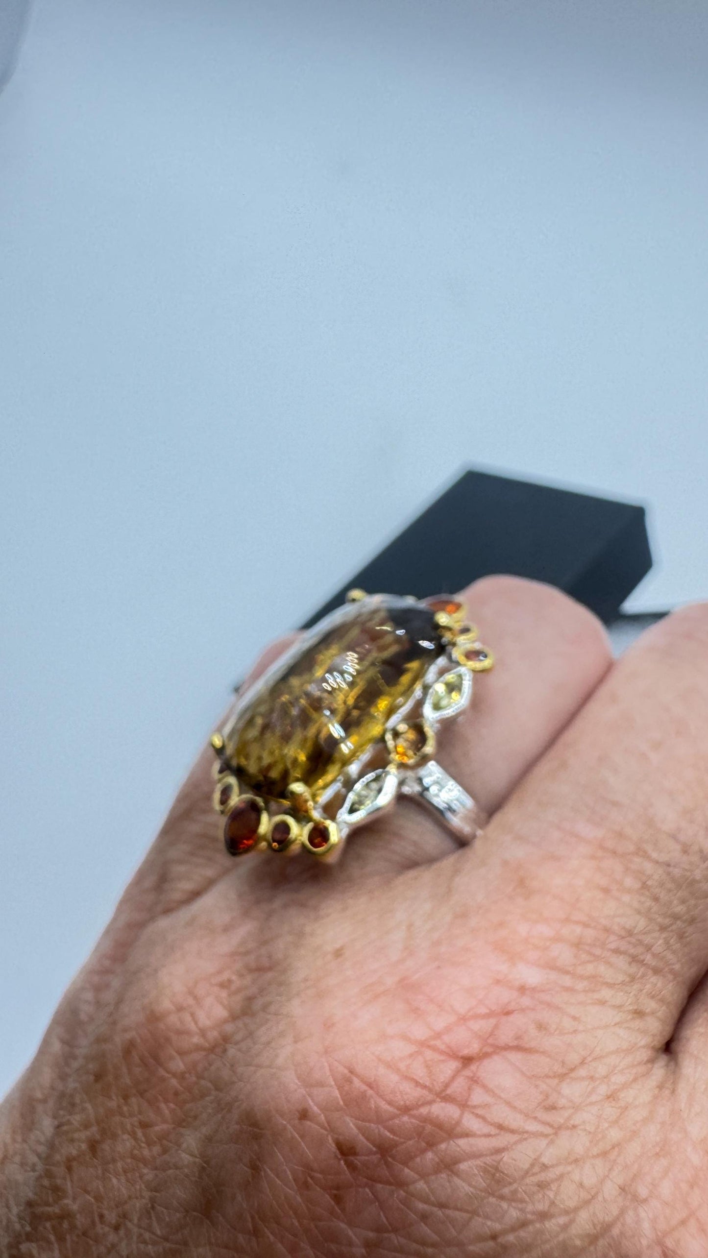 Vintage Golden Citrine Ring Deco 925 Sterling Silver