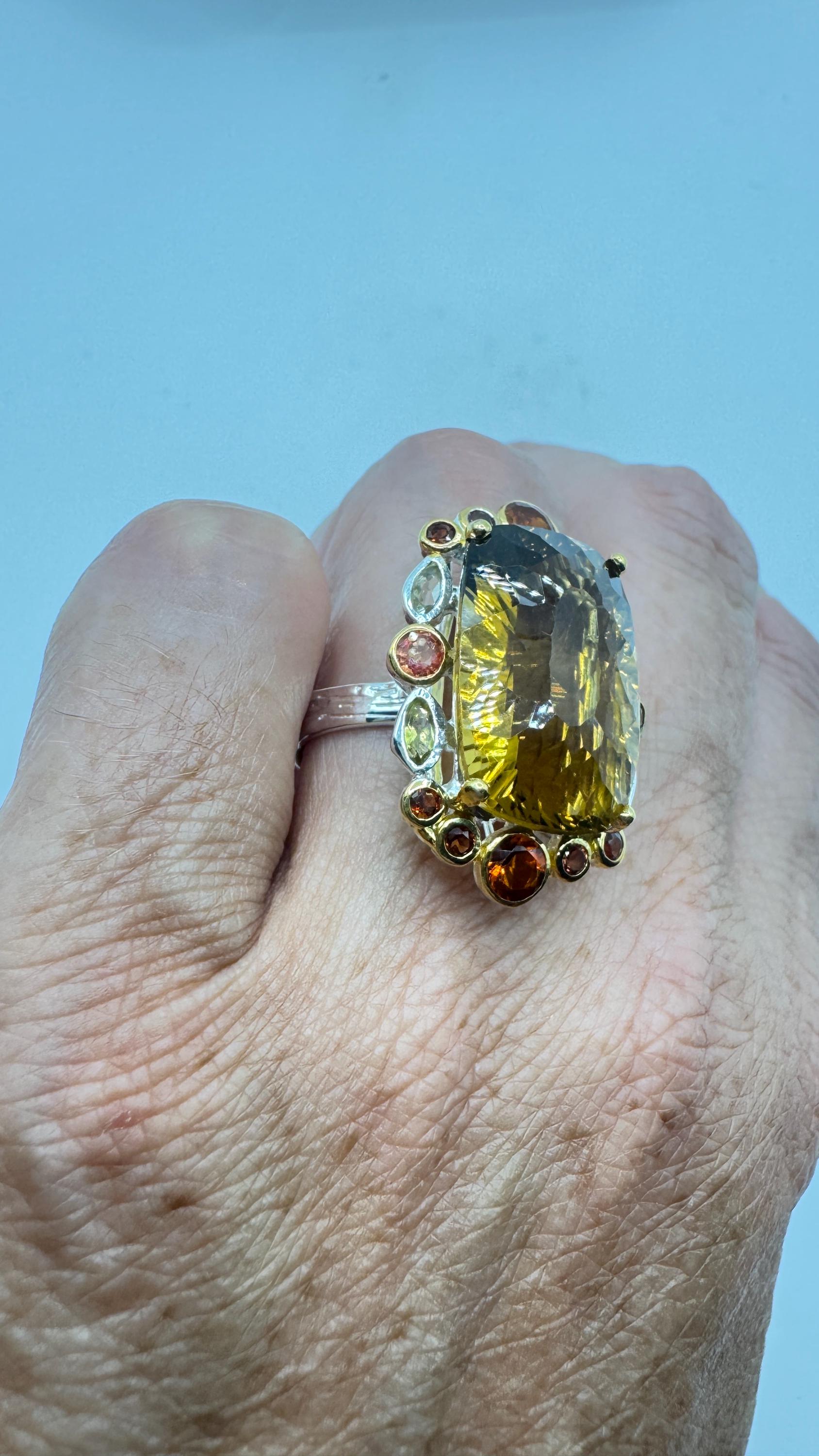 Vintage Golden Citrine Ring Deco 925 Sterling Silver
