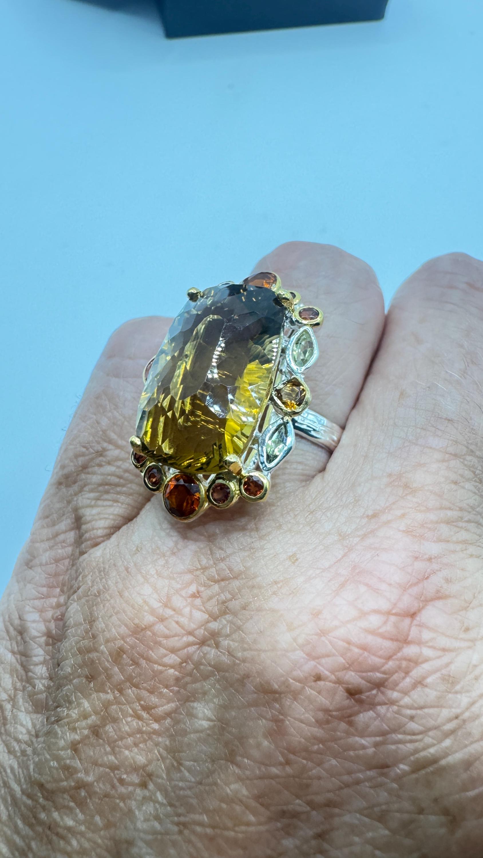 Vintage Golden Citrine Ring Deco 925 Sterling Silver