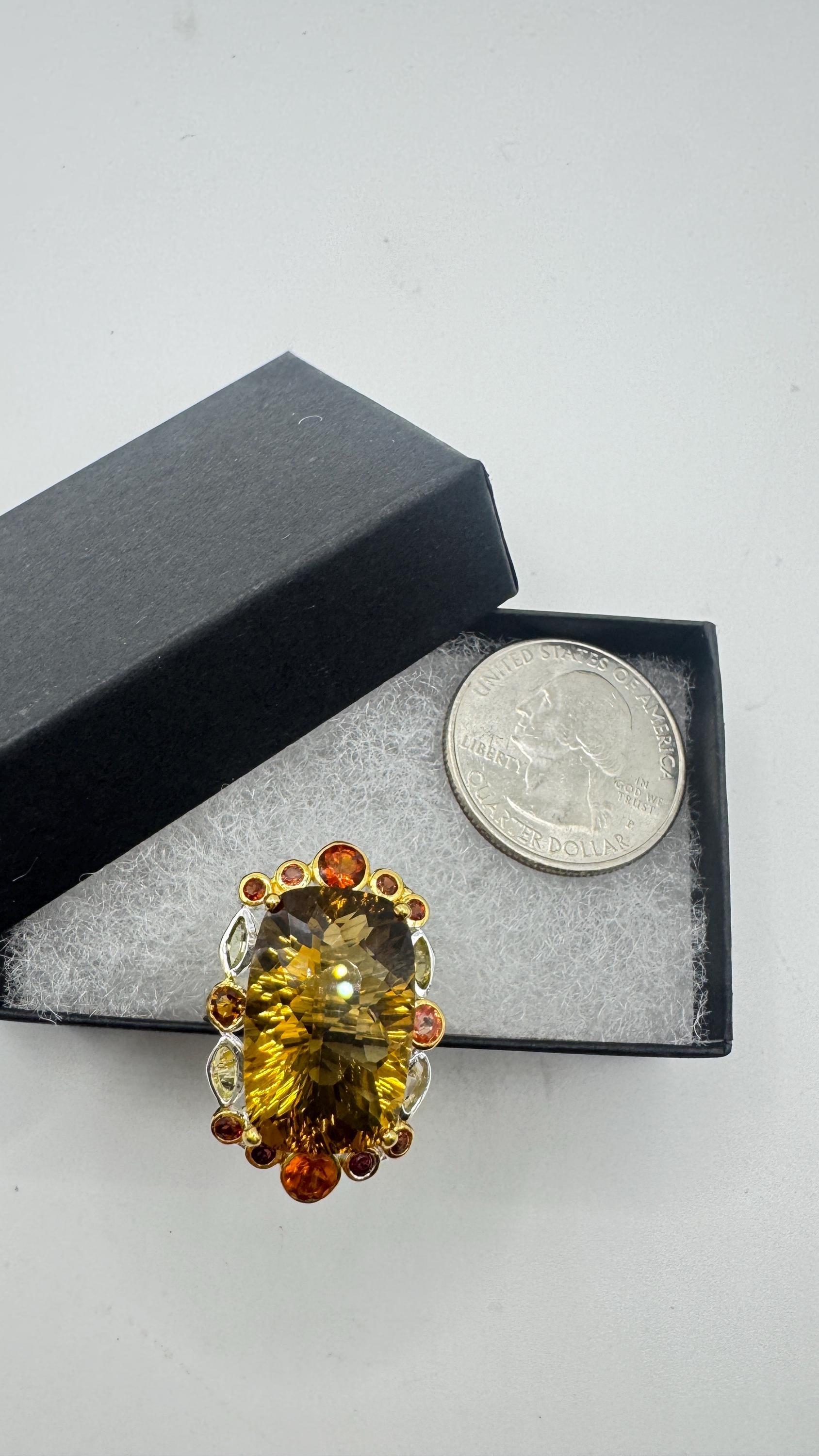 Vintage Golden Citrine Ring Deco 925 Sterling Silver