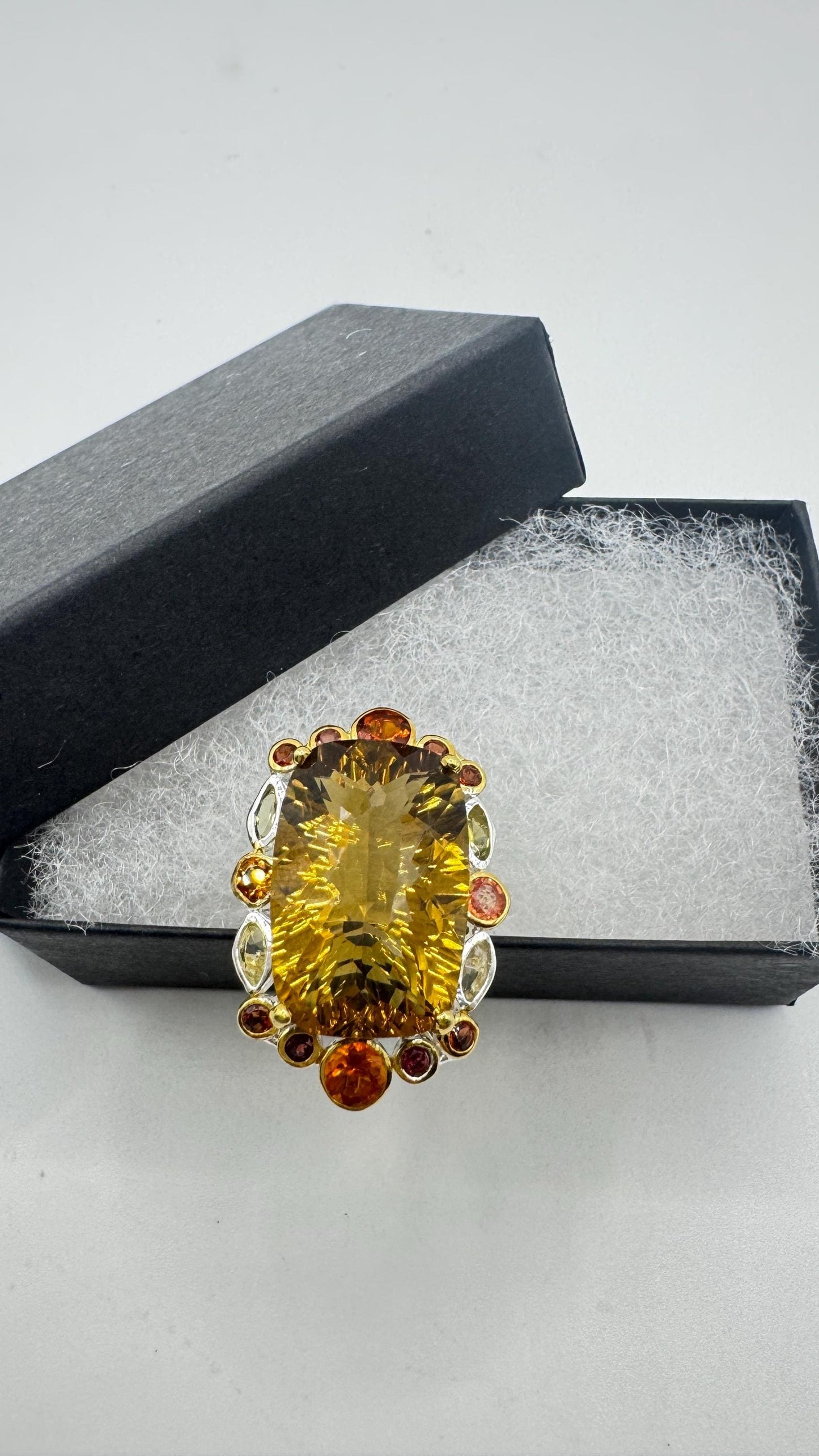 Vintage Golden Citrine Ring Deco 925 Sterling Silver