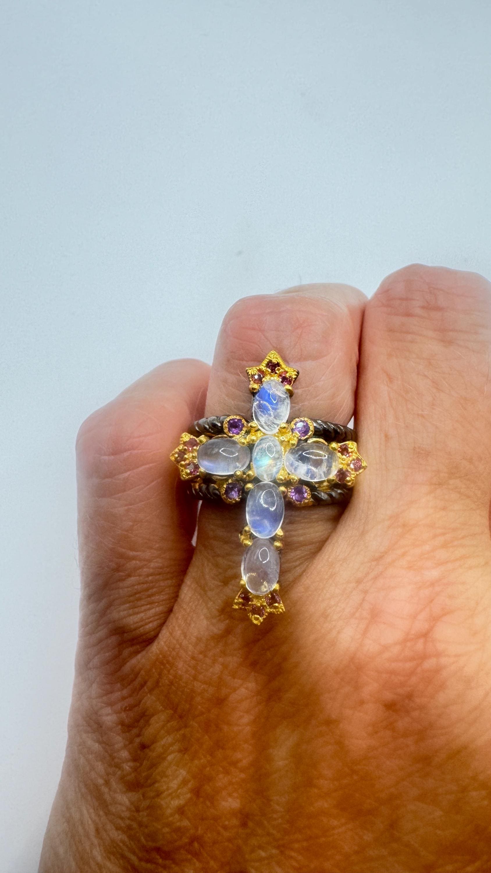 Vintage Rainbow Moonstone Cross Ring 925 Sterling Silver