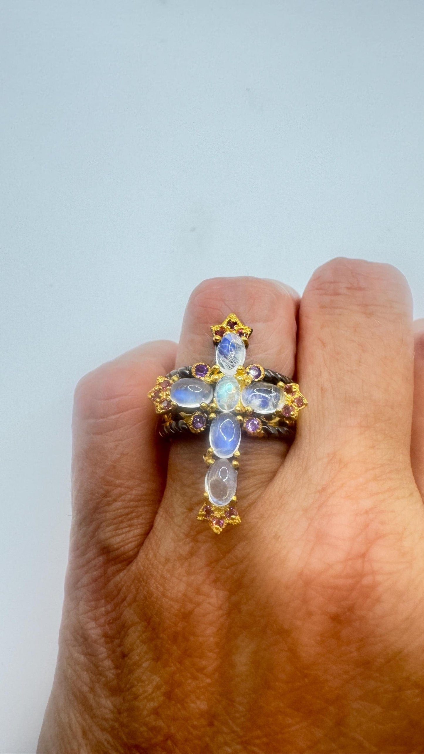 Vintage Rainbow Moonstone Cross Ring 925 Sterling Silver