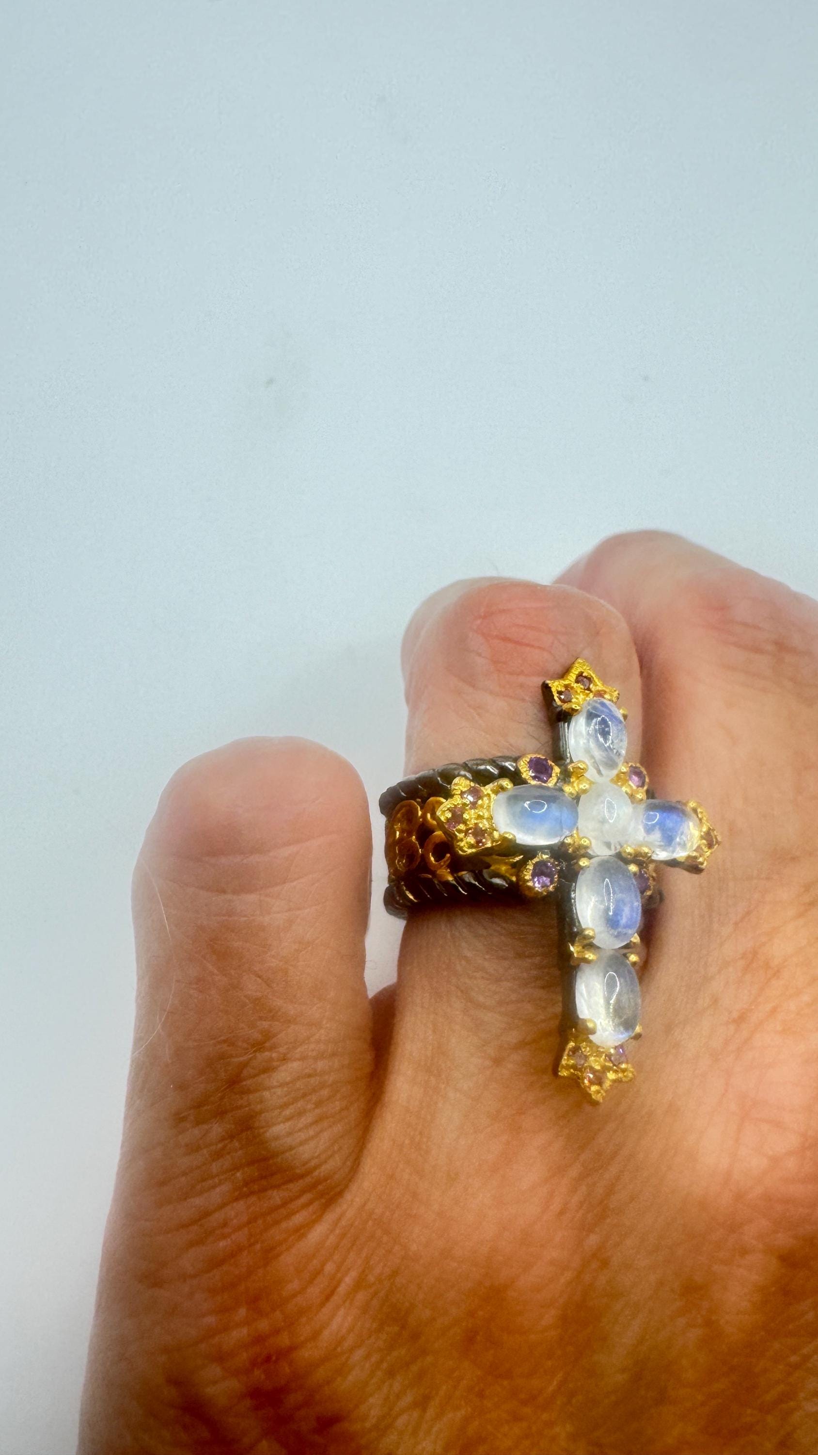Vintage Rainbow Moonstone Cross Ring 925 Sterling Silver