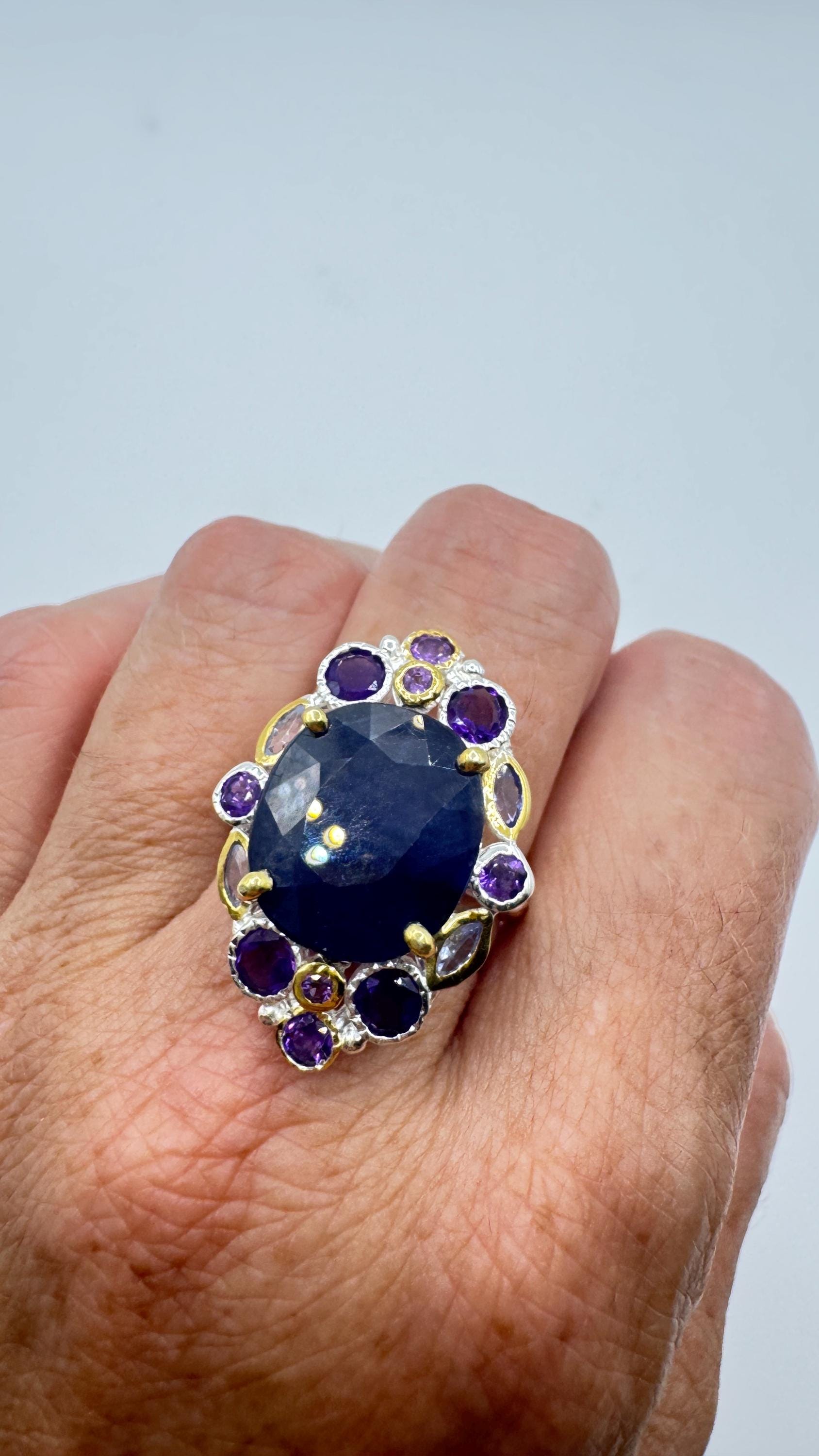 Vintage Blue Sapphire Purple Amethyst 925 Sterling Silver Ring