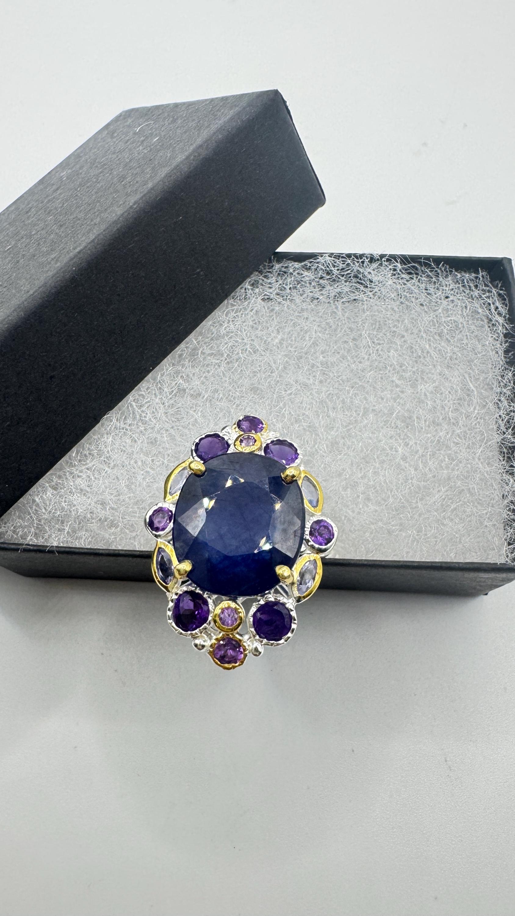 Vintage Blue Sapphire Purple Amethyst 925 Sterling Silver Ring