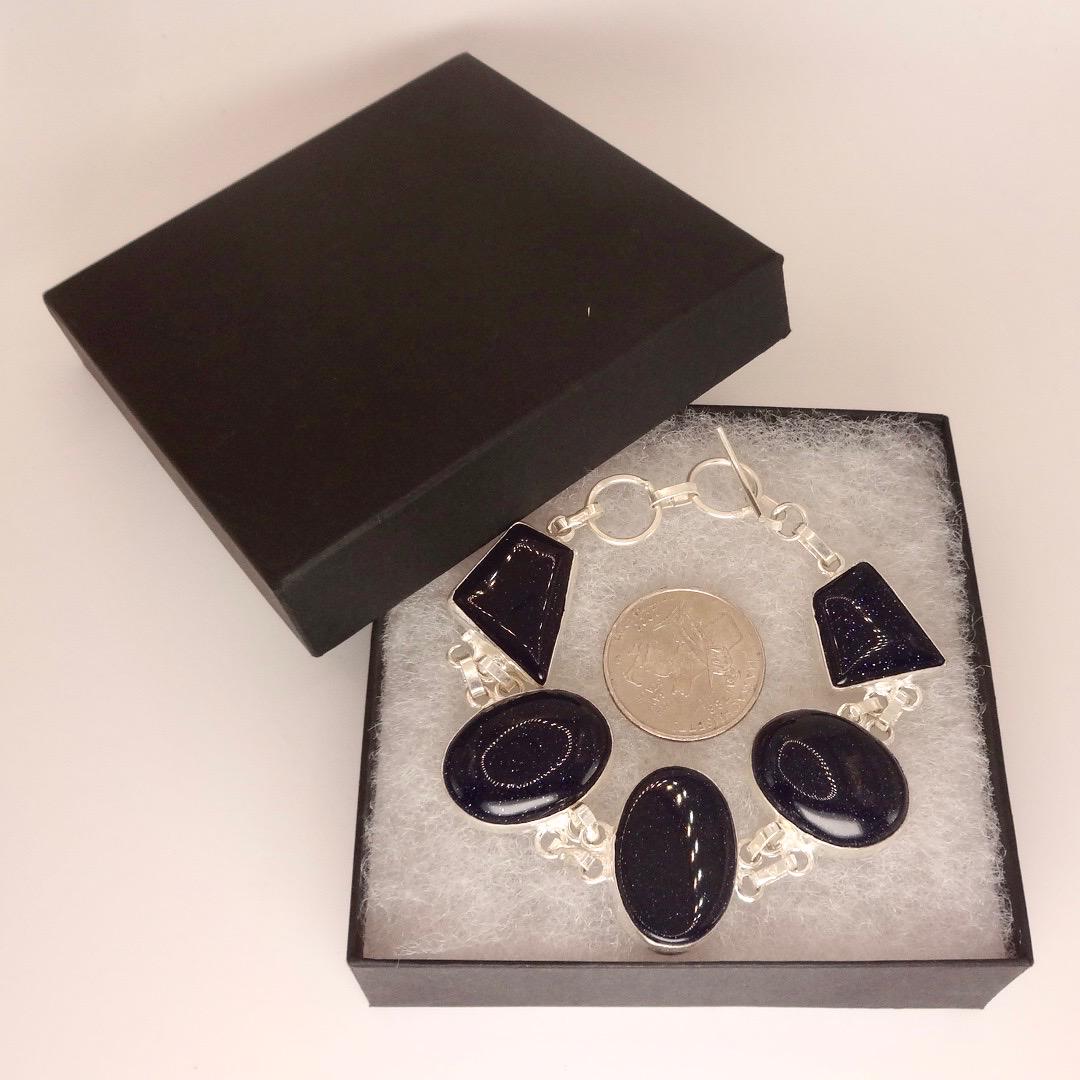 Vintage Black Goldstone Silver Chunky Boho Bracelet
