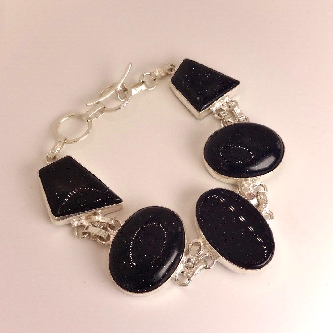 Vintage Black Goldstone Silver Chunky Boho Bracelet