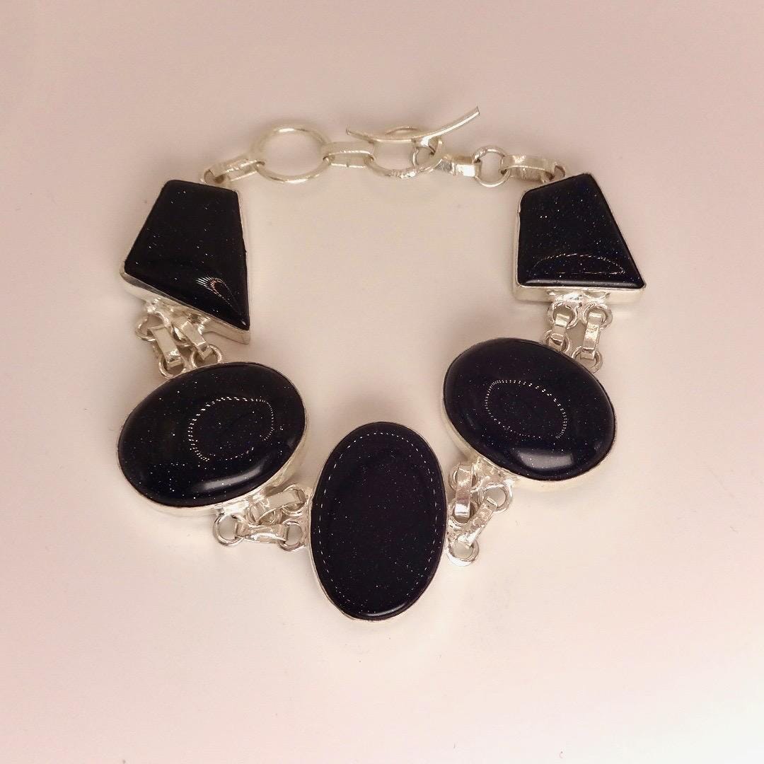Vintage Black Goldstone Silver Chunky Boho Bracelet