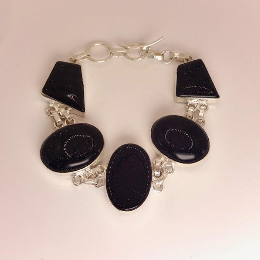 Vintage Black Goldstone Silver Chunky Boho Bracelet