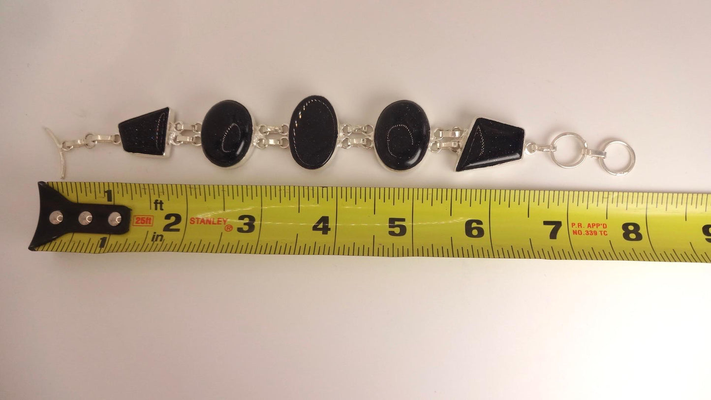 Vintage Black Goldstone Silver Chunky Boho Bracelet
