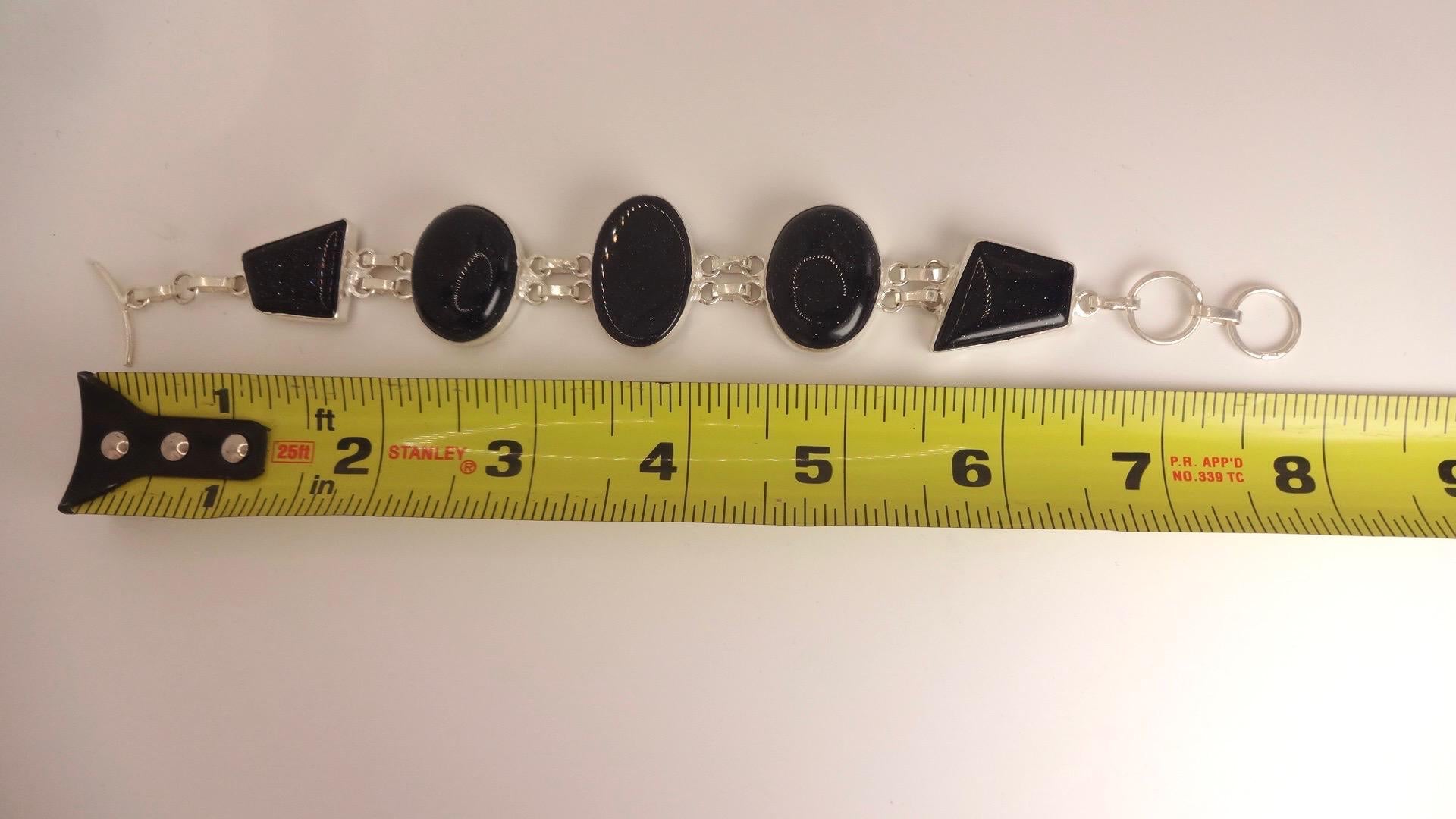 Vintage Black Goldstone Silver Chunky Boho Bracelet