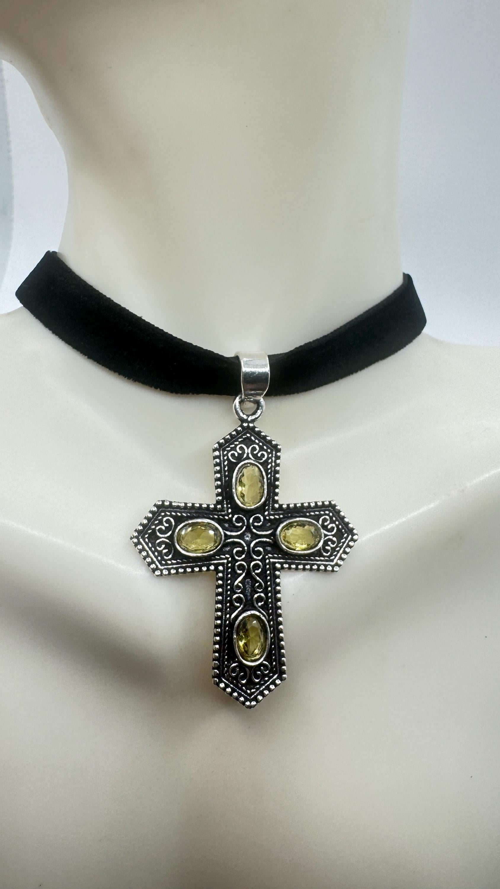 Vintage Handmade Bronze Silver Golden Citrine cross Pendant