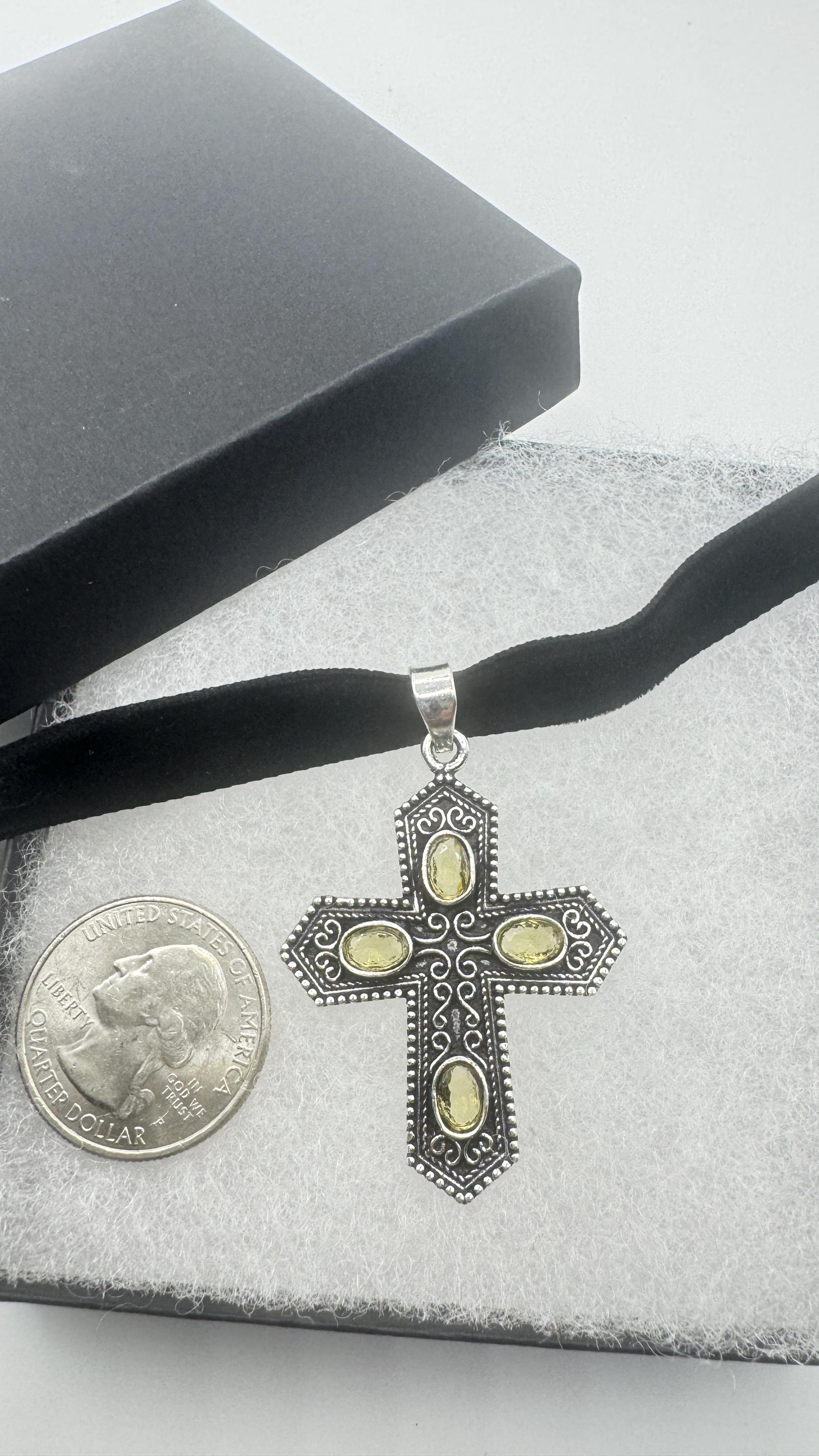 Vintage Handmade Bronze Silver Golden Citrine cross Pendant