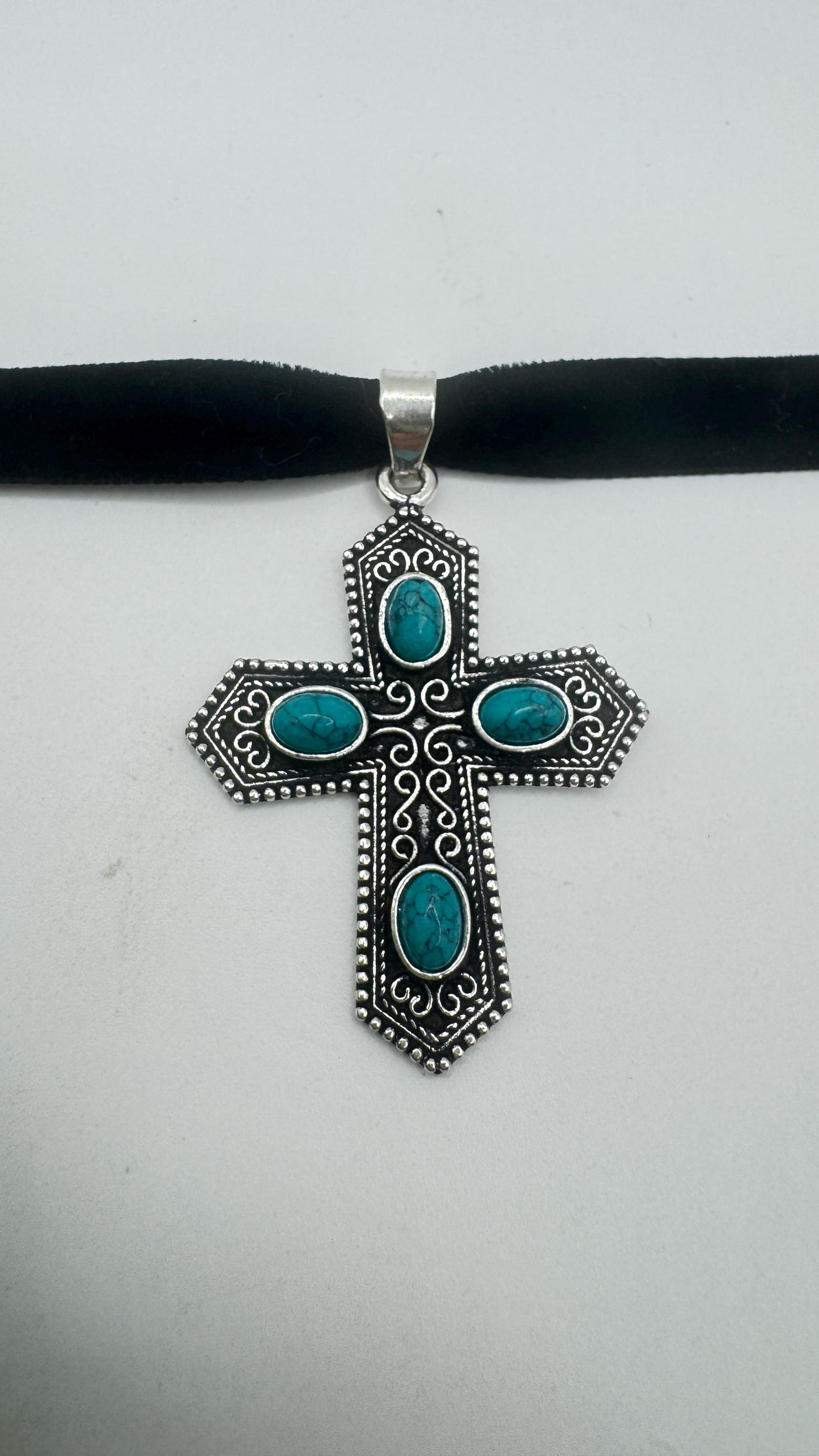 Vintage Turquoise Silver Bronze Cross Necklace