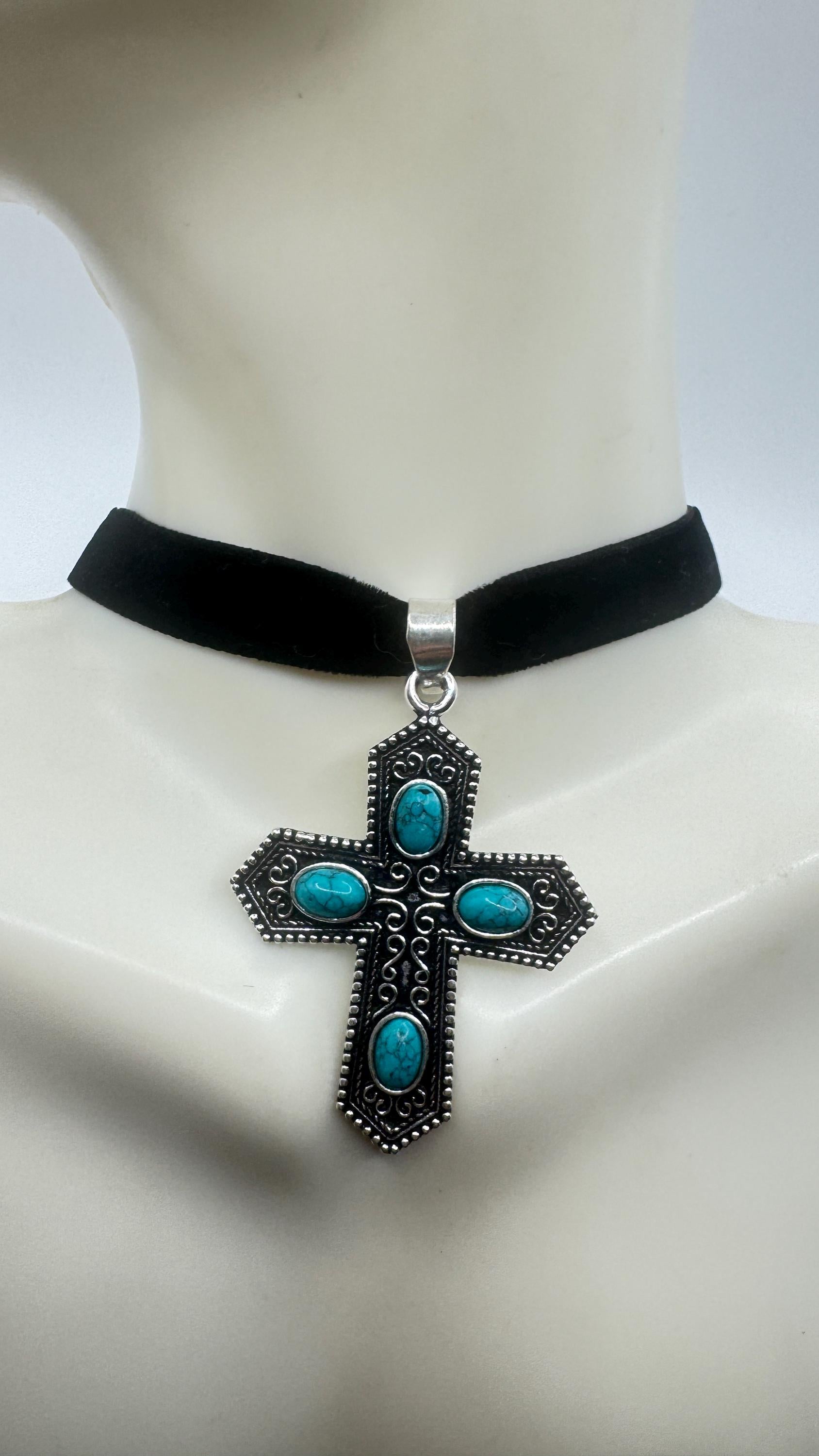 Vintage Turquoise Silver Bronze Cross Necklace