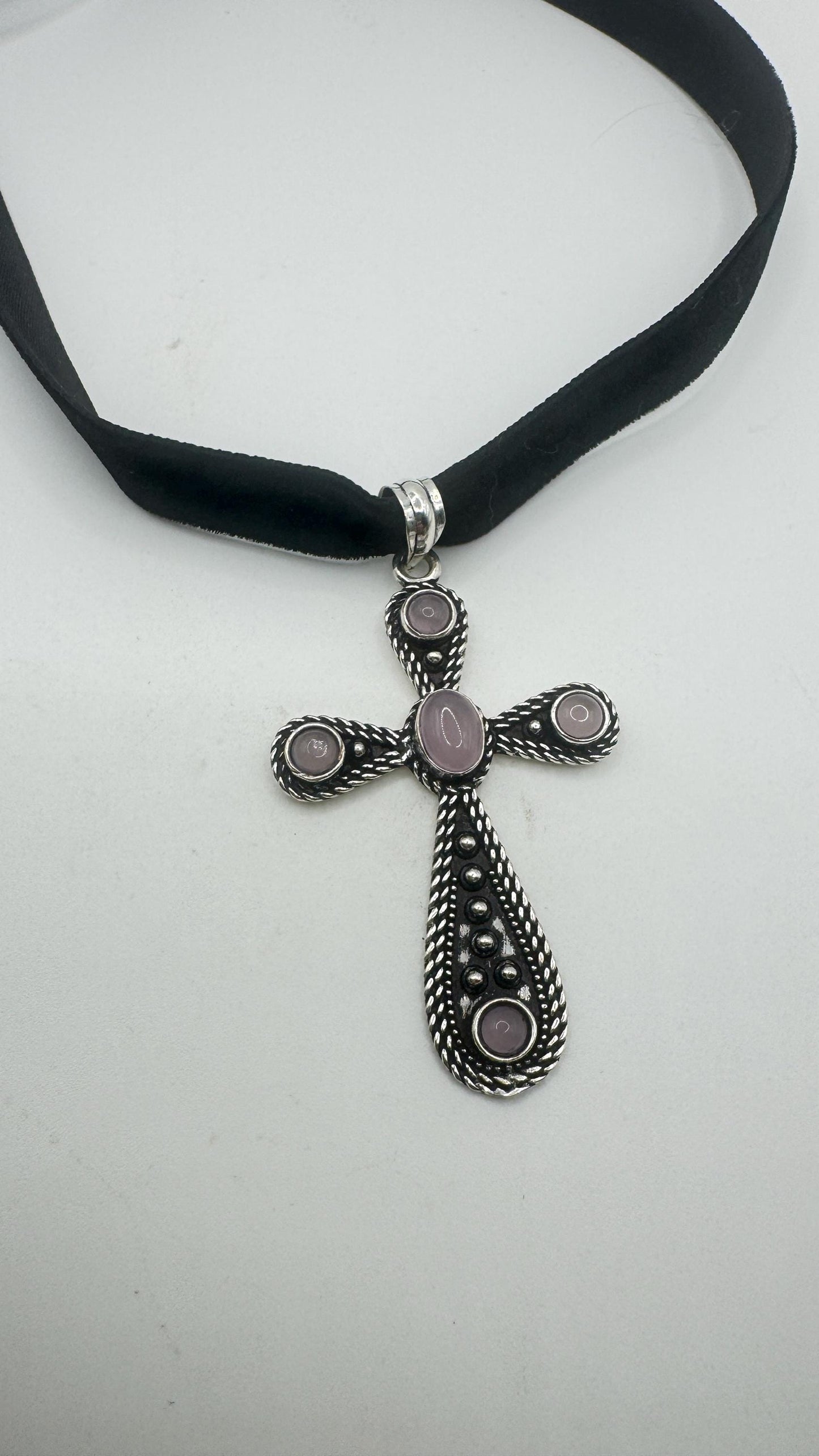Vintage Rose Quartz Bronze Silver Cross Pendant
