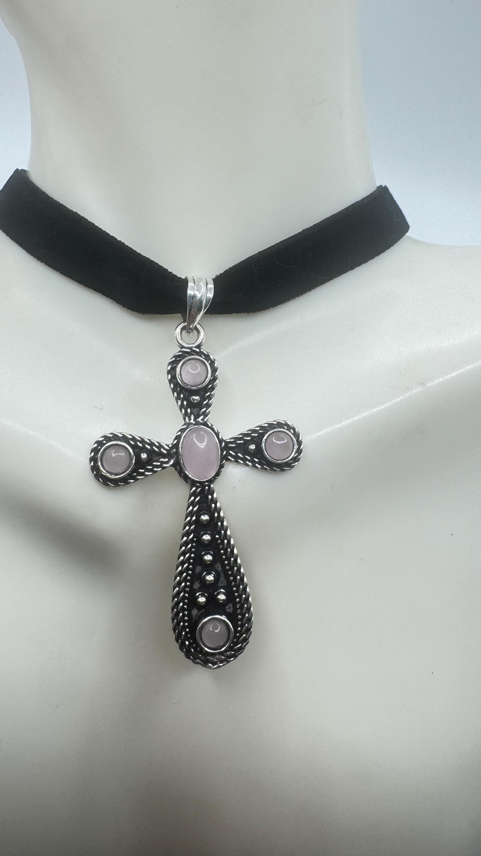 Vintage Rose Quartz Bronze Silver Cross Pendant