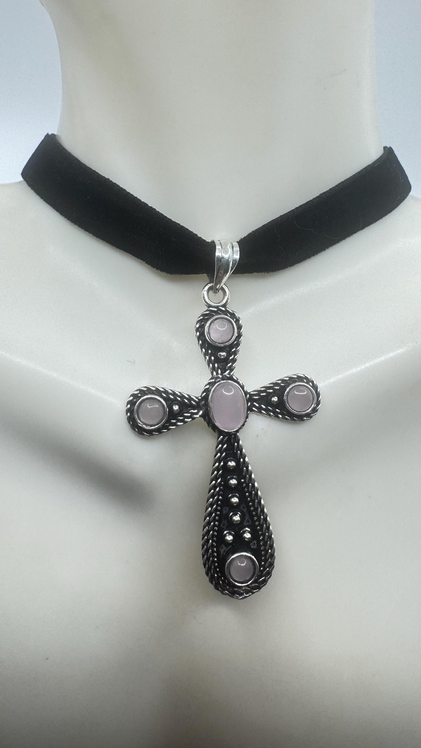 Vintage Rose Quartz Bronze Silver Cross Pendant