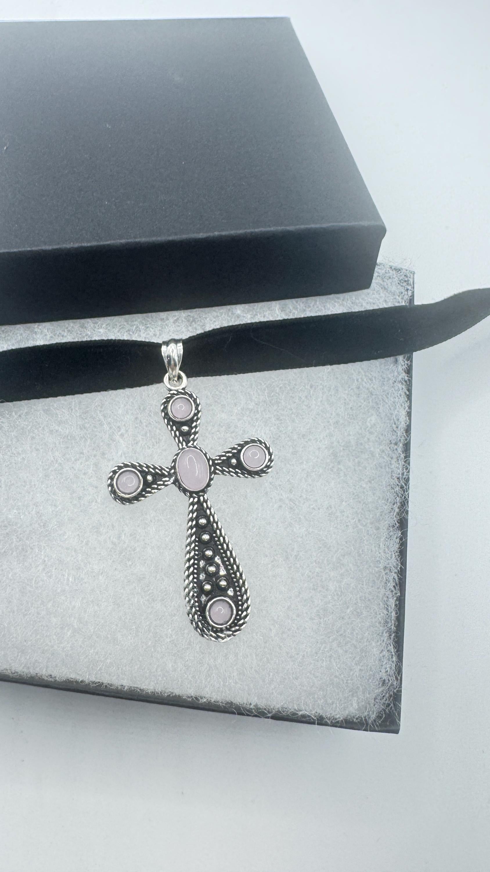 Vintage Rose Quartz Bronze Silver Cross Pendant