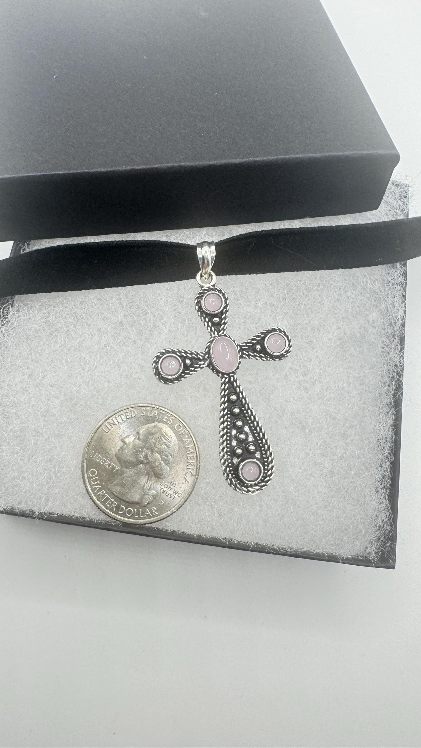 Vintage Rose Quartz Bronze Silver Cross Pendant