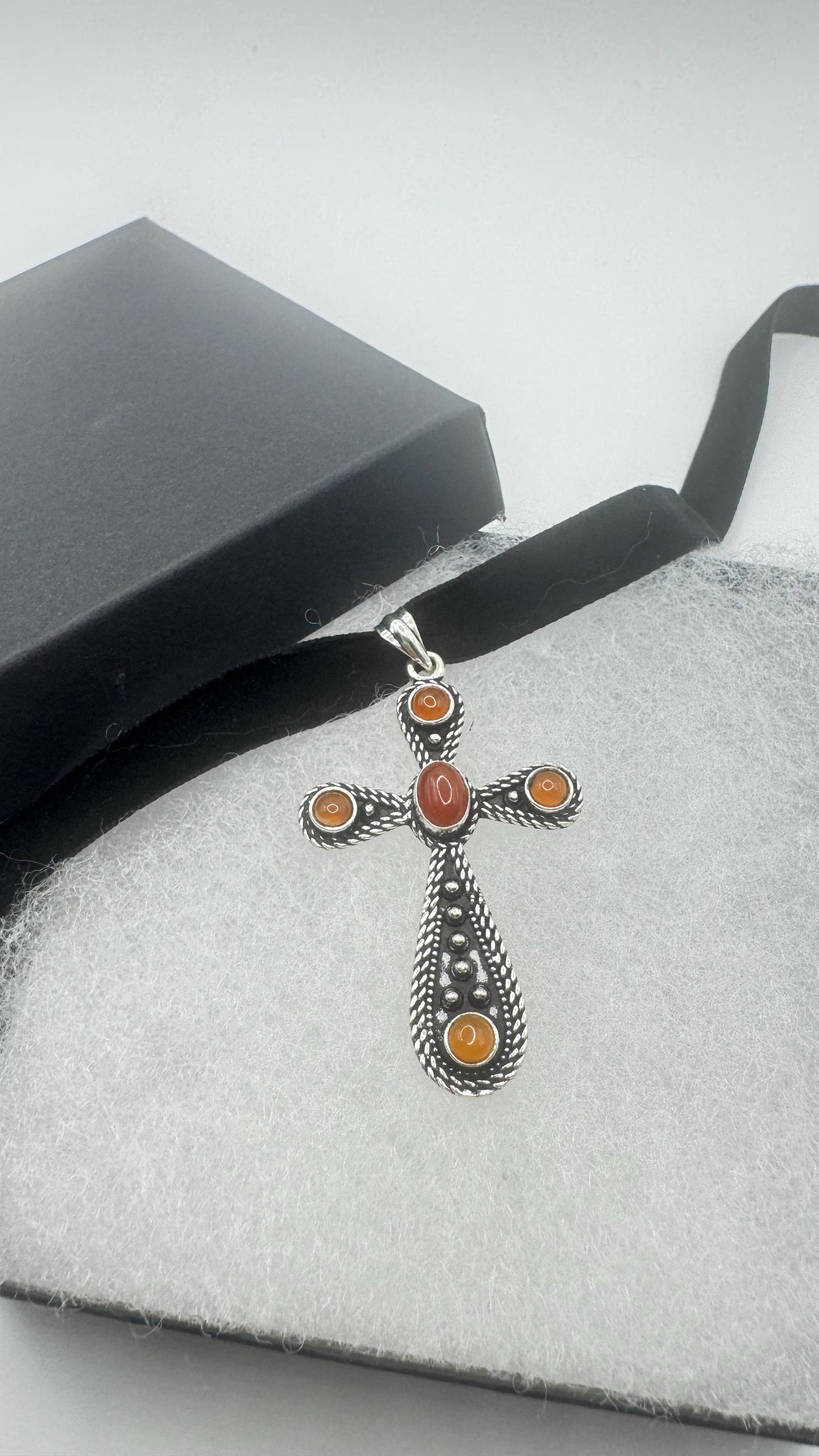 Vintage Genuine Orange Carnilian Silver bronze Cross pendant black velvet choker