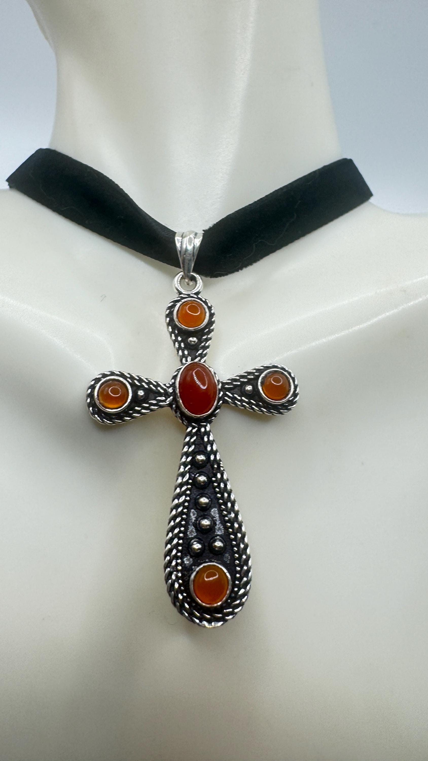Vintage Genuine Orange Carnilian Silver bronze Cross pendant black velvet choker