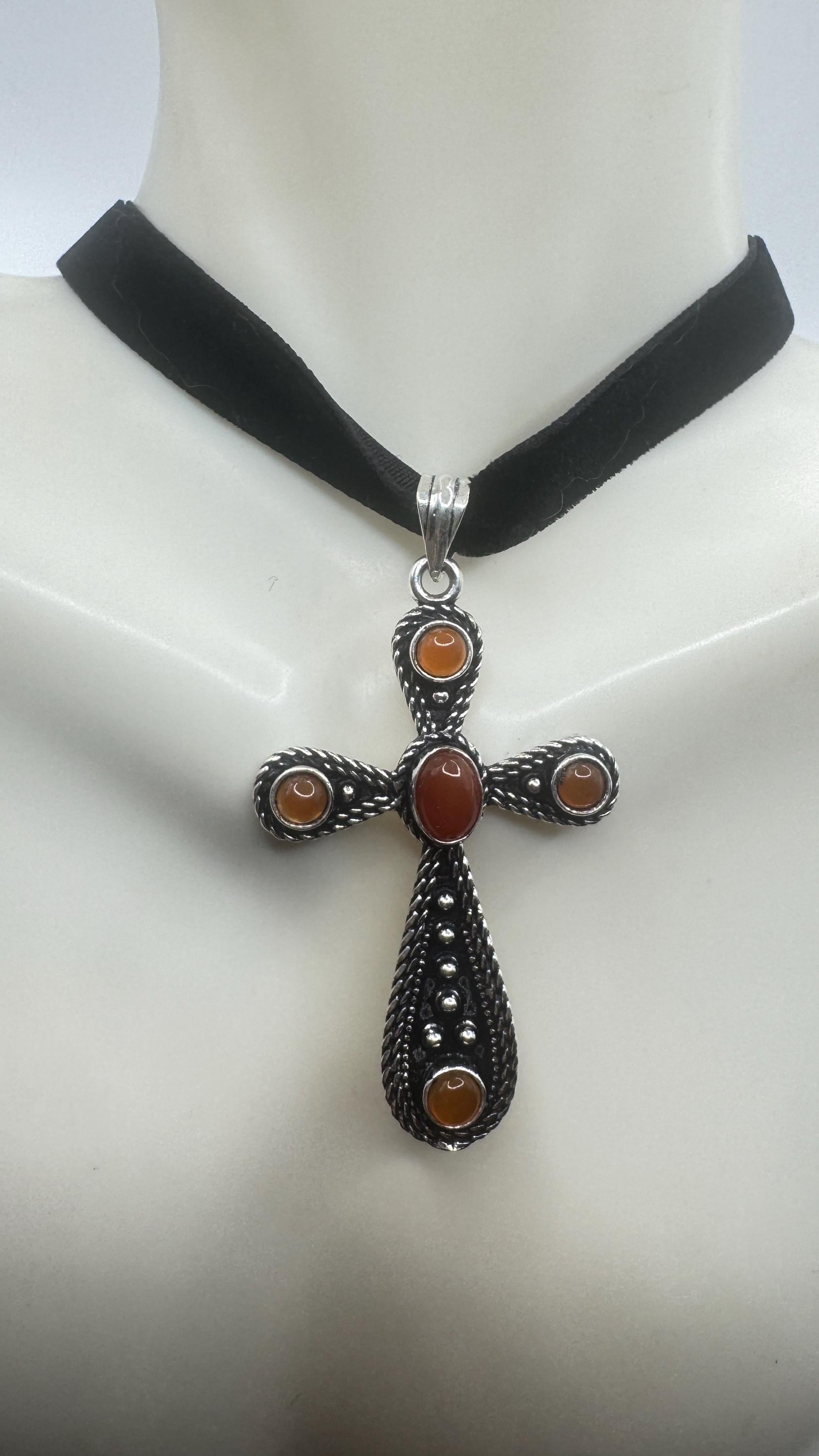Vintage Genuine Orange Carnilian Silver bronze Cross pendant black velvet choker