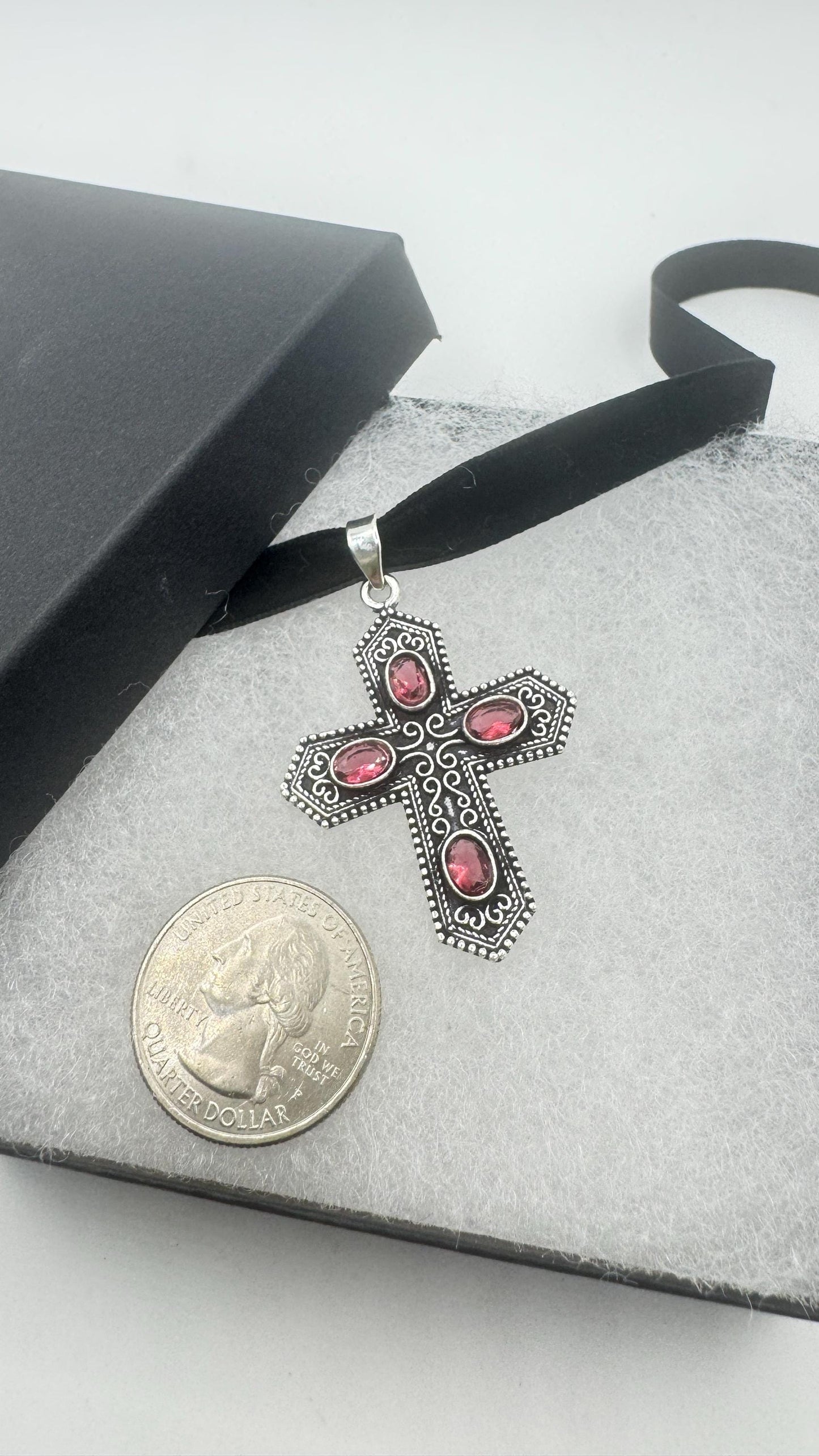 large handmade vintage Gothic Ruby glass Silver bronze pendant black velvet choker