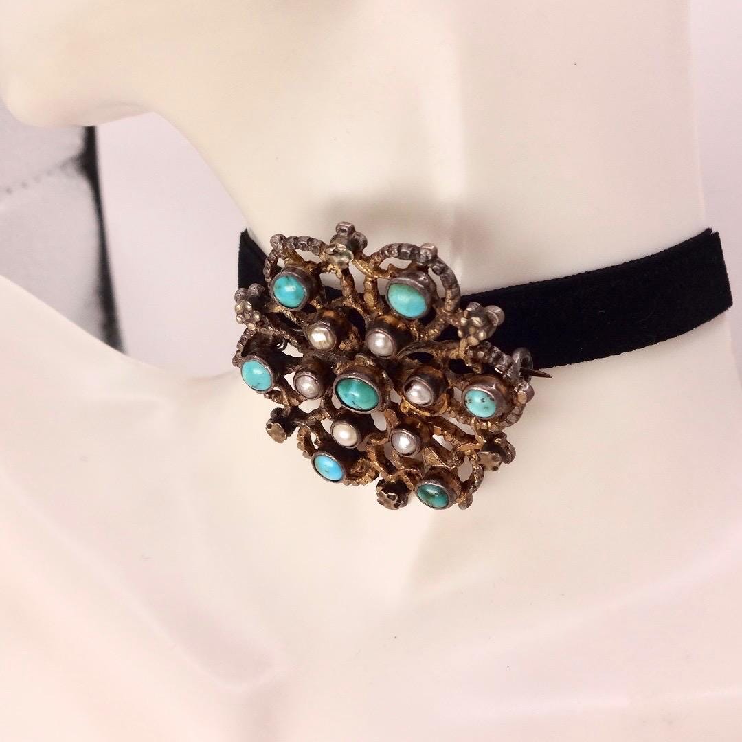 Vintage Austrio Hungarian Turquoise Flower 925 Sterling Silver Brooch Pin