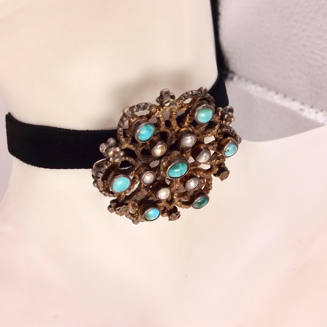 Vintage Austrio Hungarian Turquoise Flower 925 Sterling Silver Brooch Pin